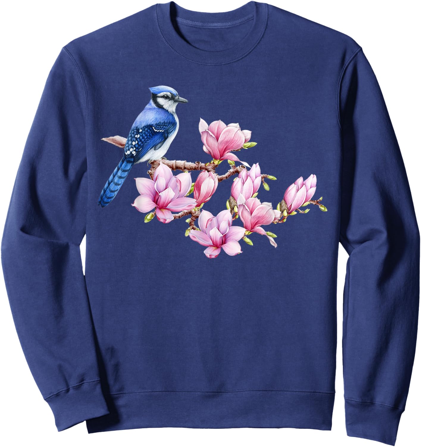 Blue Jay Bird on Magnolia - Watercolor Birding and Gardening Sweatshirt - Sweatshirt | Navy