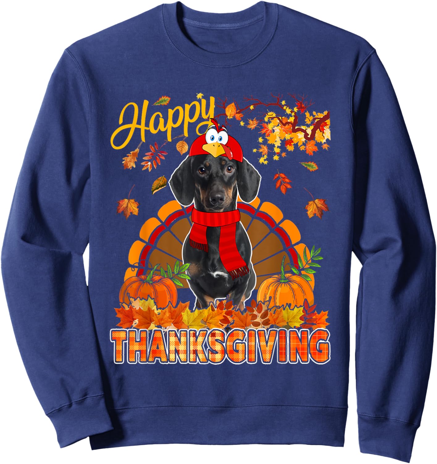 Thanksgiving Dachshund Wearing Turkey Costume Fall Leaves Sweatshirt - Sweatshirt | Navy