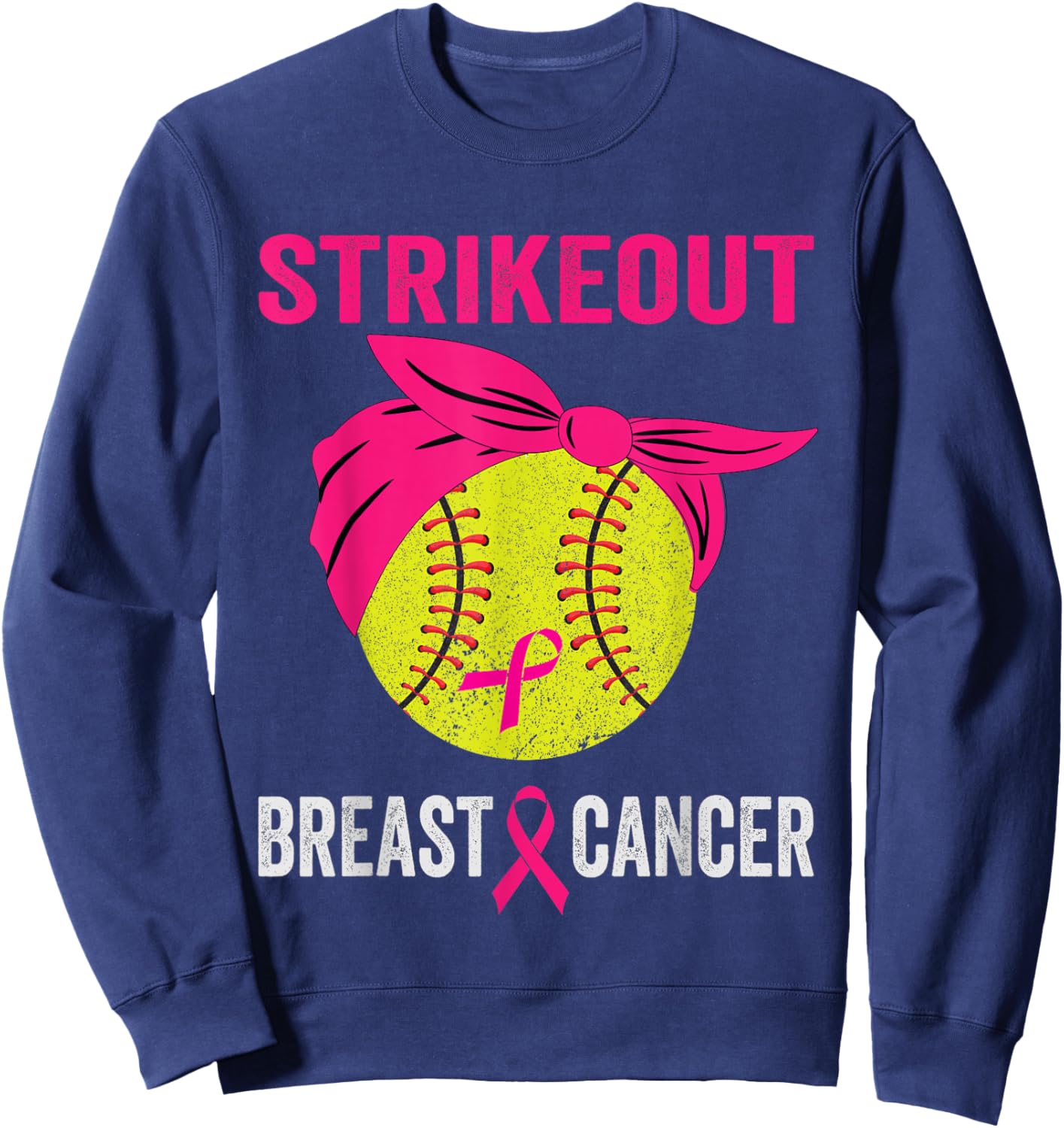 Strike Out Softball Breast Cancer Awareness Messy Bun Sweatshirt - Sweatshirt | Navy