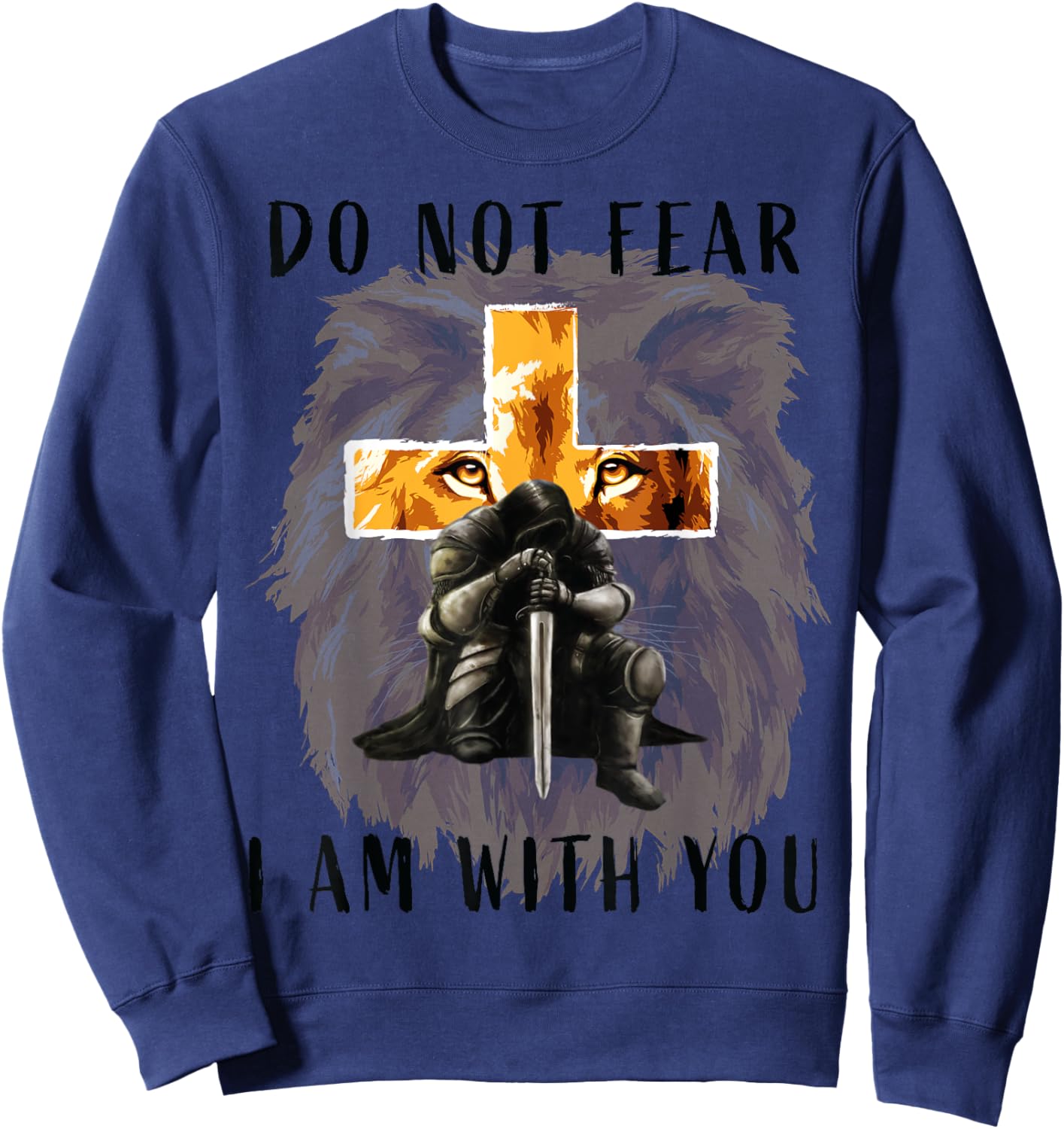 Christian Bible Verse Men Lion Faith Fear Religious Sweatshirt - Sweatshirt | Navy