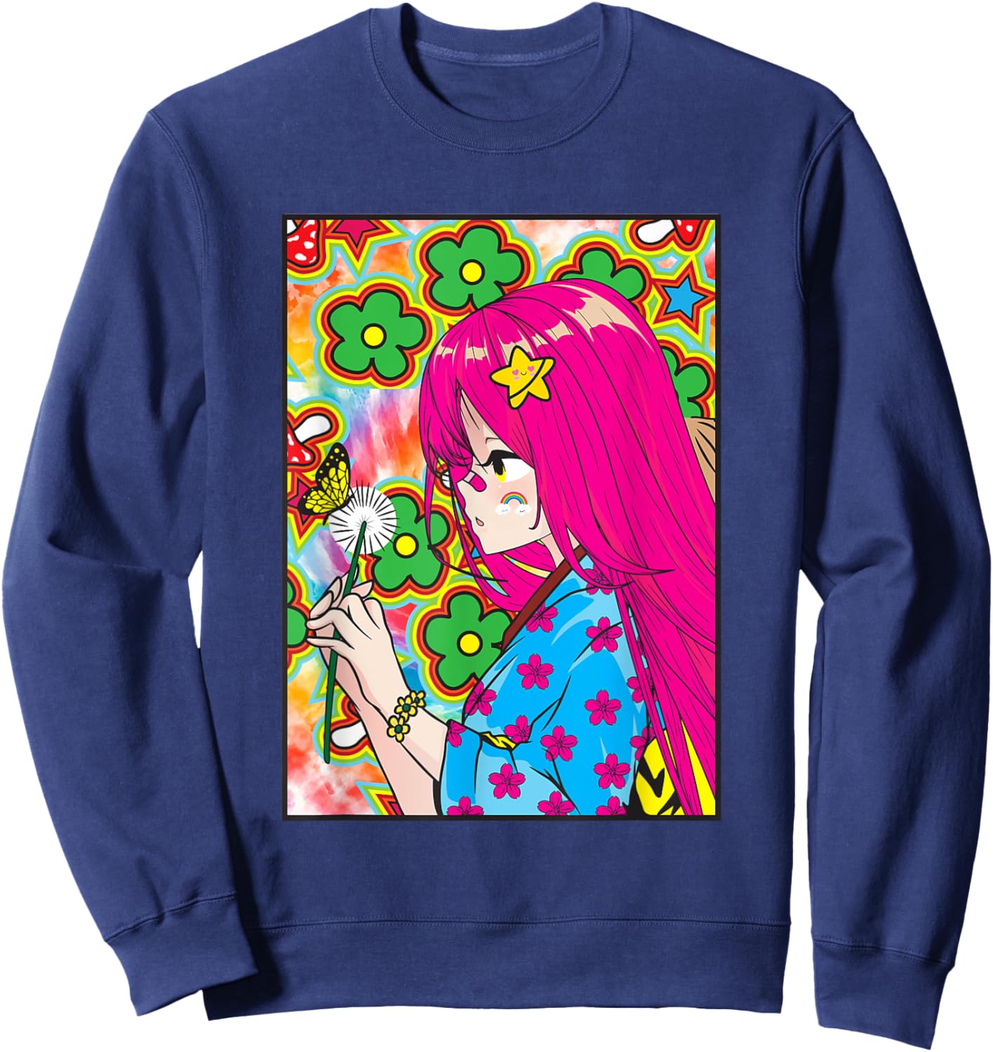Kidcore Aesthetic Japanese Anime Girl Kawaii Flowers Old Sweatshirt - Sweatshirt | Navy