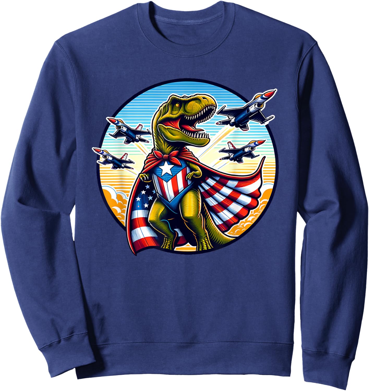 Amerisaurus T-Rex Patriotic Boys Girl 4th of July Flag Jets Sweatshirt - Sweatshirt | Navy