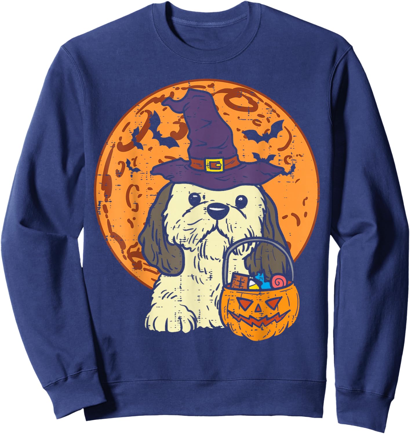 Shih Tzu Witch Moon Jack O Lantern Halloween Dog Men Women Sweatshirt - Sweatshirt | Navy
