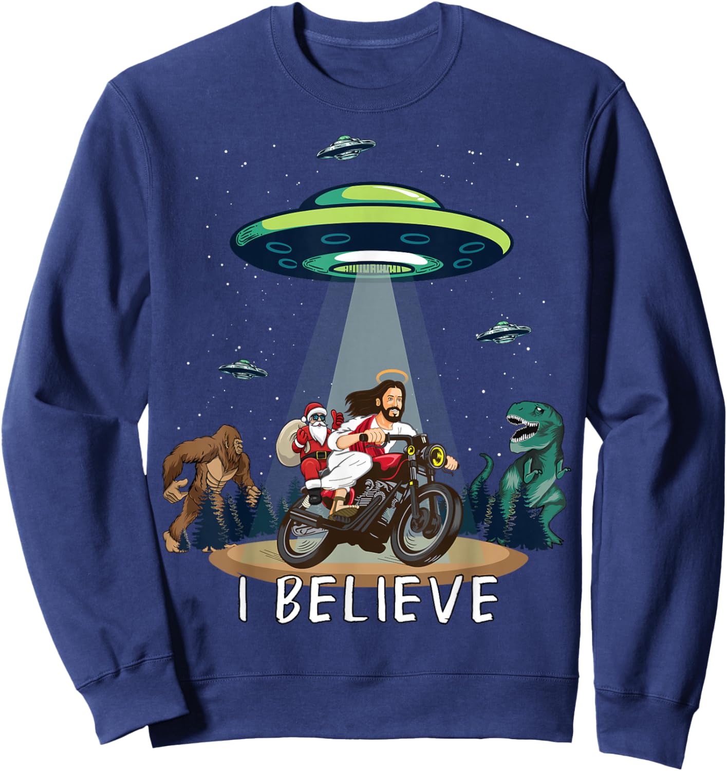 Believe Bigfoot Dinosaur Santa & Jesus Riding Bike Christmas Sweatshirt - Sweatshirt | Navy