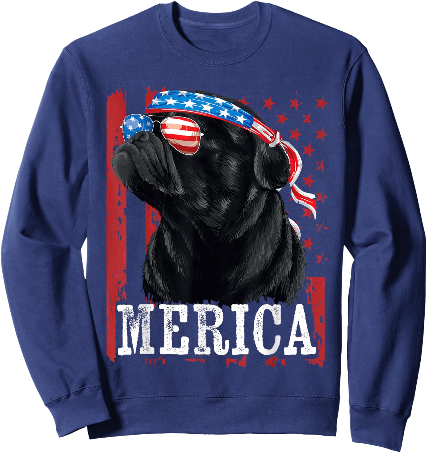 Funny Black Pug 4th of July Dog Mom Dog Dad Merica USA Flag Sweatshirt - Sweatshirt | Navy
