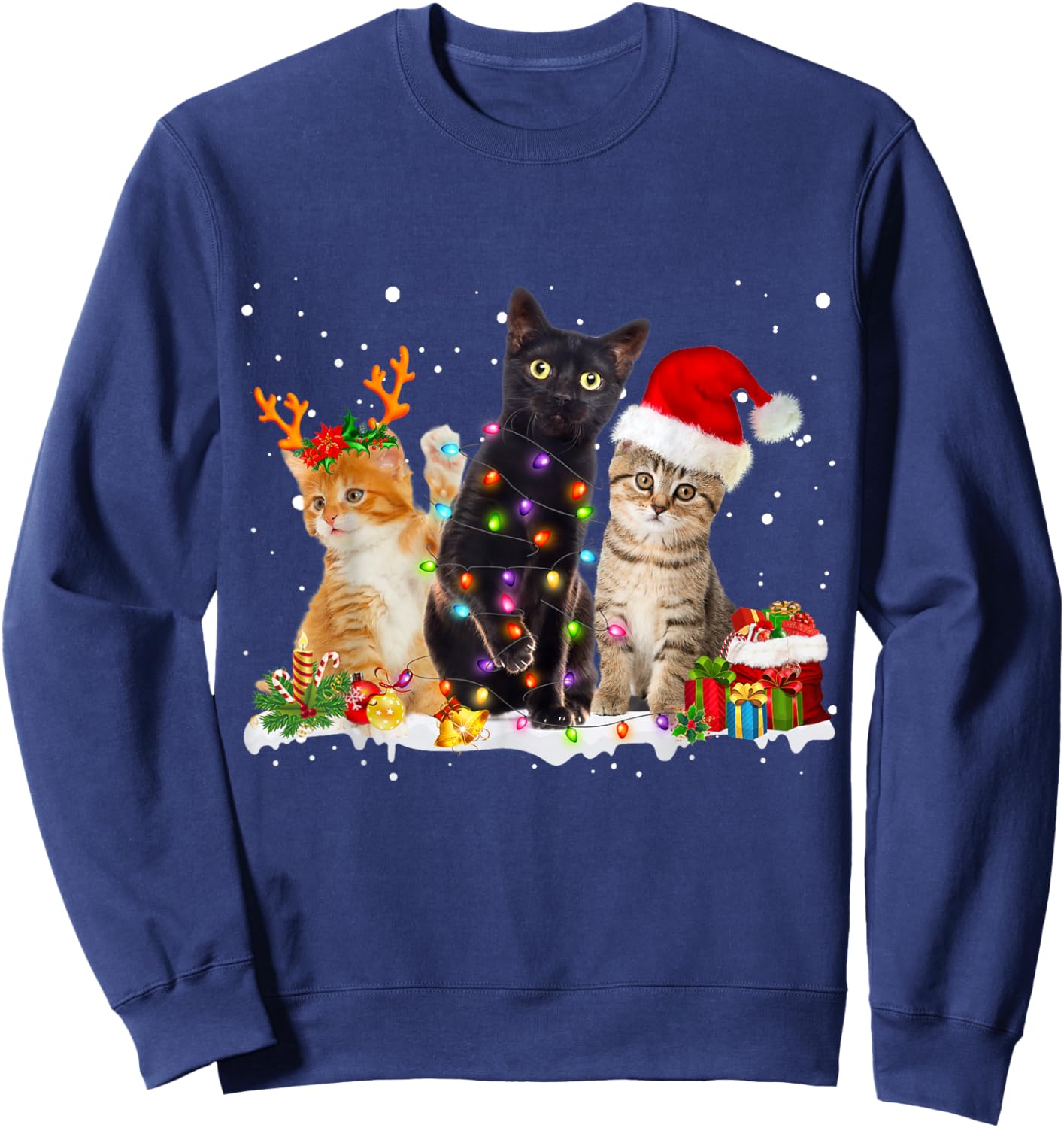 Santa Cat Light Gorgeous Reindeer Pajama Christmas Cat Lover Sweatshirt - Sweatshirt | Navy