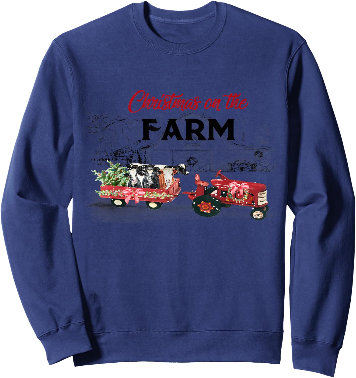 Cow Red Truck Christmas On The Farm Sweatshirt - Sweatshirt | Navy