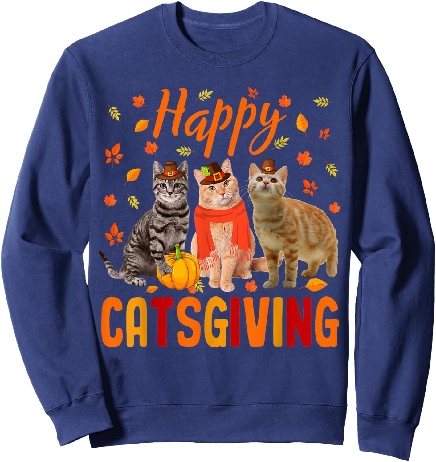 Happy Catsgiving Cute Thanksgiving Cat Wears Pilgrim Hat Sweatshirt - Sweatshirt | Navy
