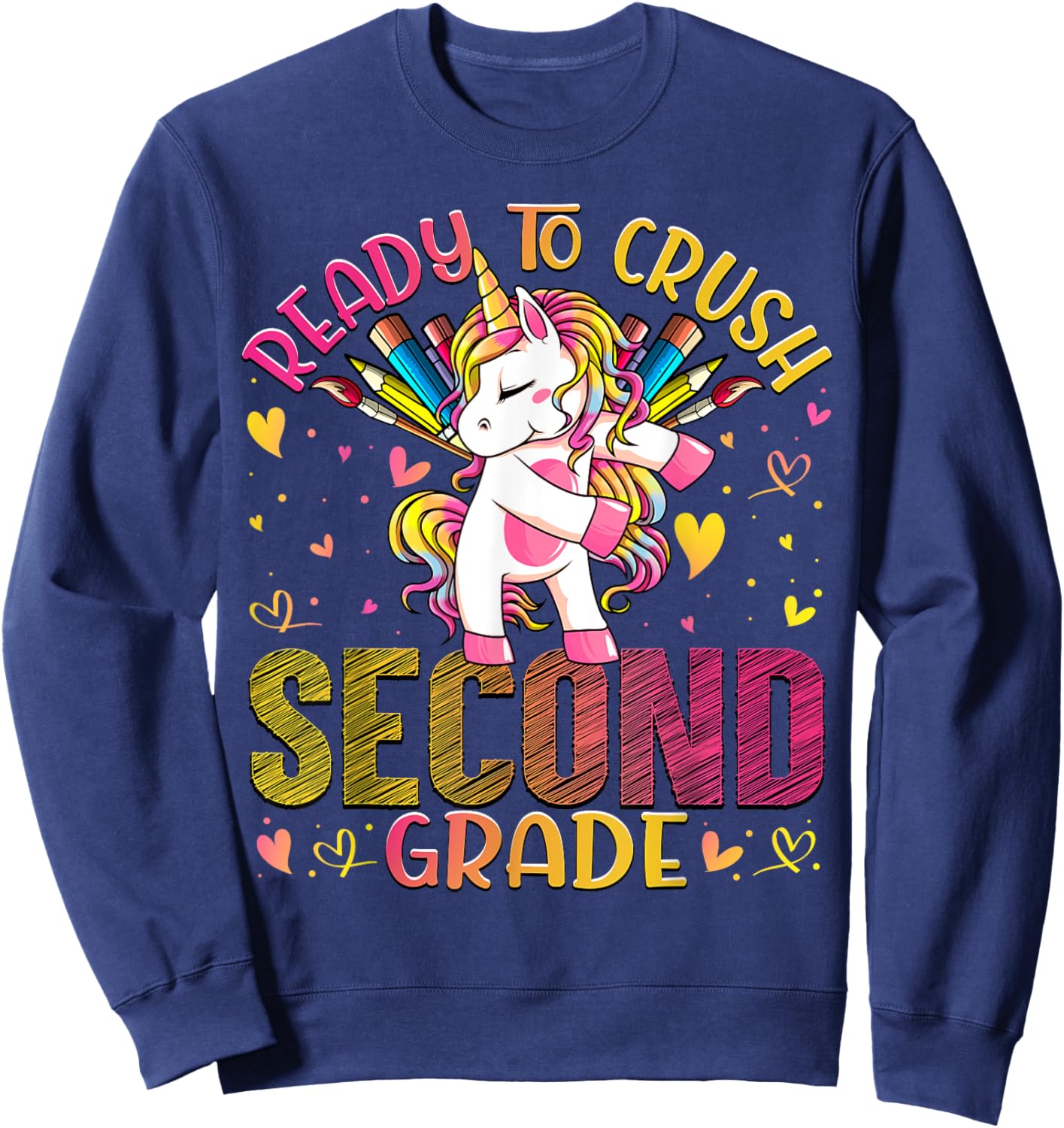Ready to Crush Second 2nd Grade Back To School Unicorn Kids Sweatshirt - Sweatshirt | Navy