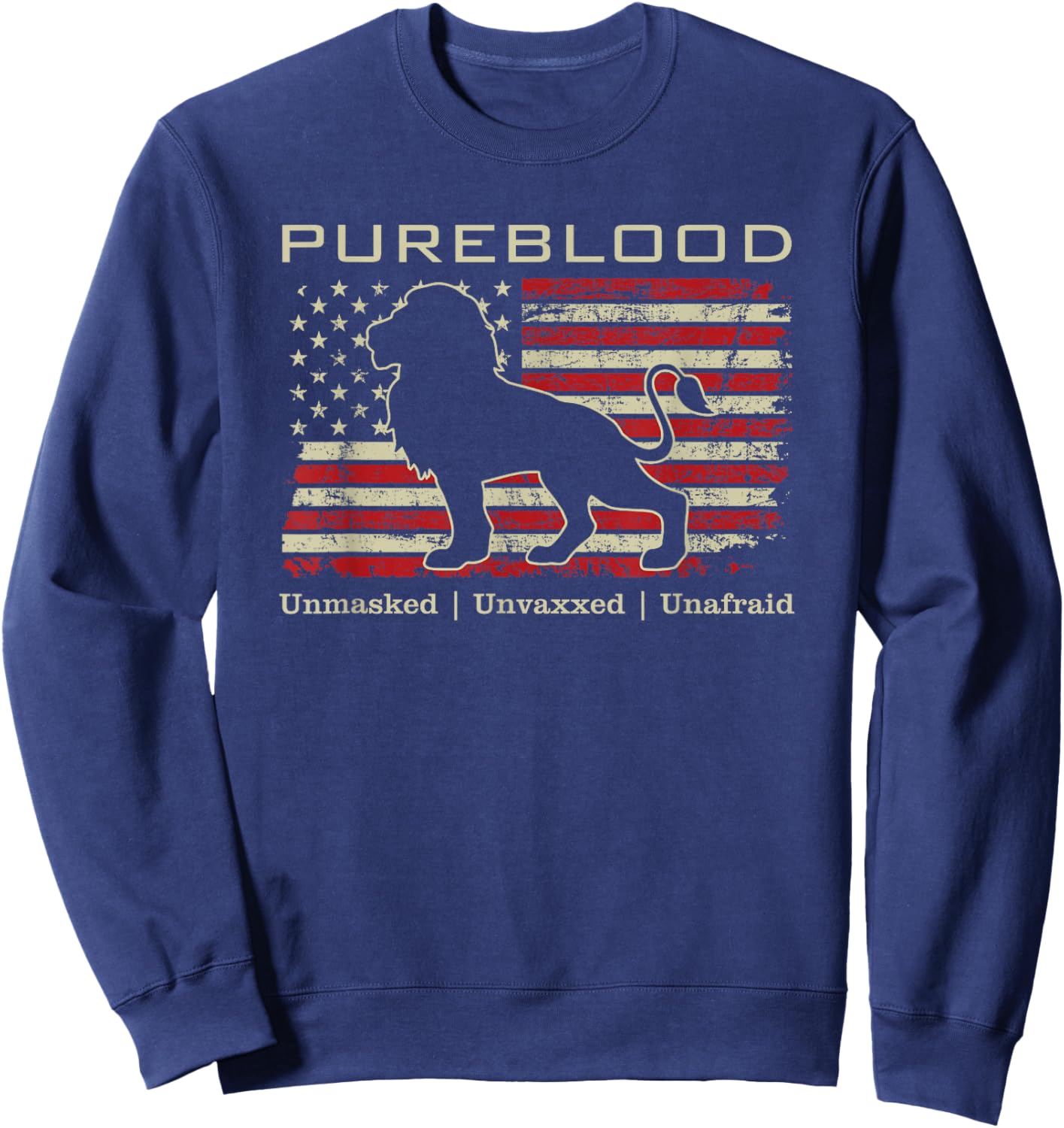 Pureblood Movement #Pureblood Medical Freedom Lion USA Flag Small Sweatshirt - Sweatshirt | Navy