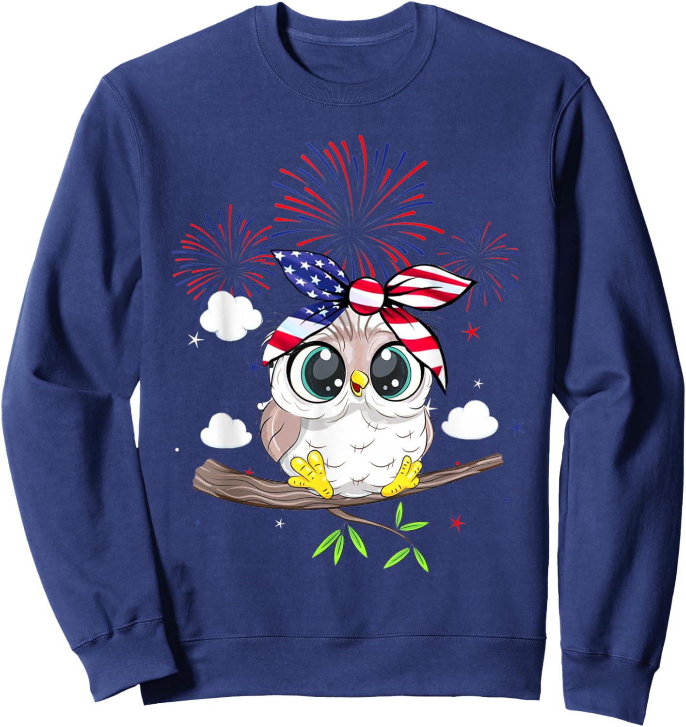 Snowy Owl Graphic Red White Blue Fireworks Decor 4th Of July Kids Men Sweatshirt - Sweatshirt | Navy