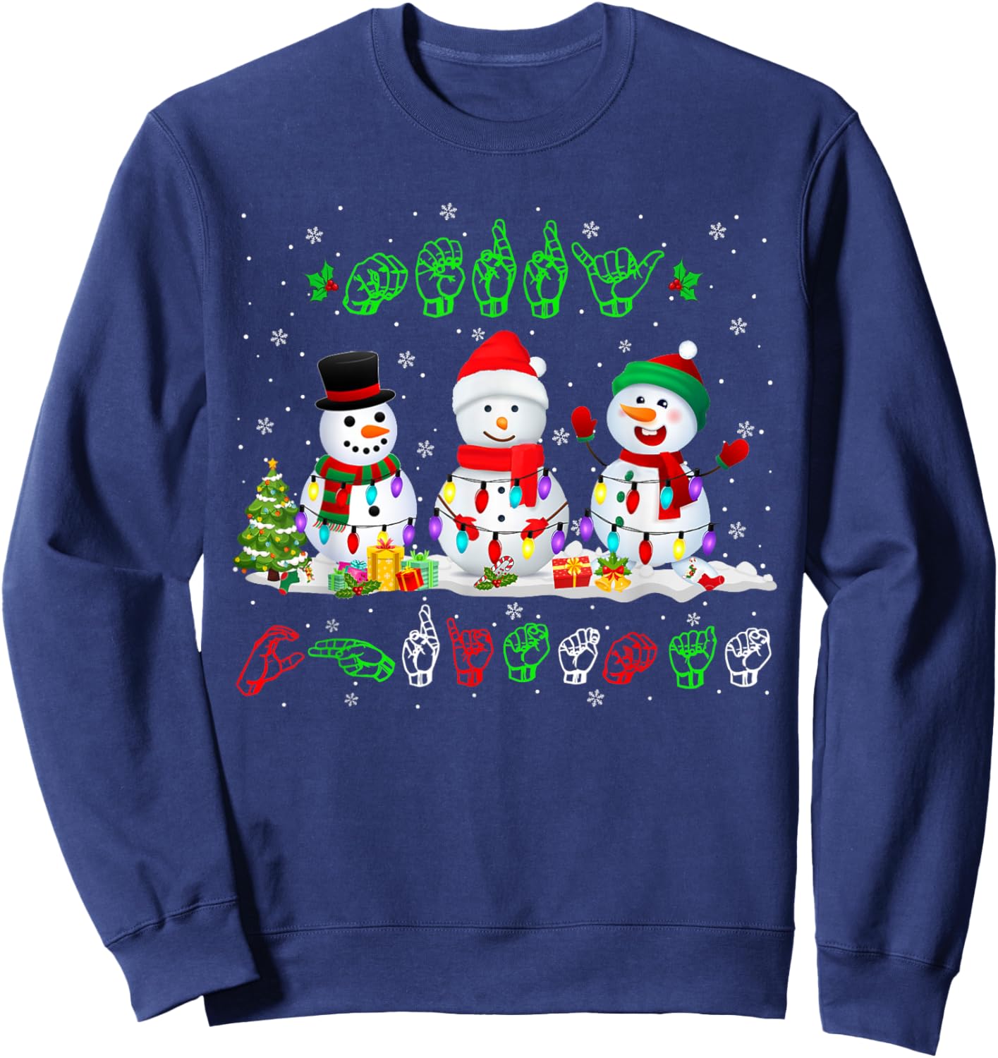Christmas Lights Merry Christmas Snowman ASL Sign Language Sweatshirt - Sweatshirt | Navy