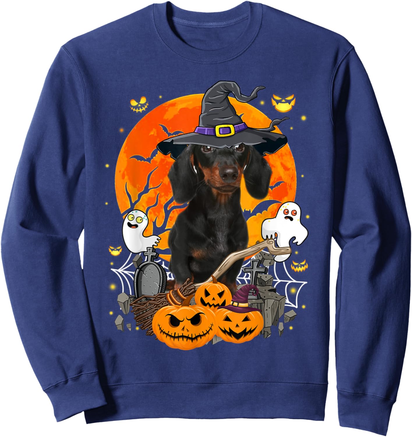 Witchy Dachshund Dog Moon Ghosts Pumpkins Halloween Costume Men Women Kids Sweatshirt - Sweatshirt | Navy