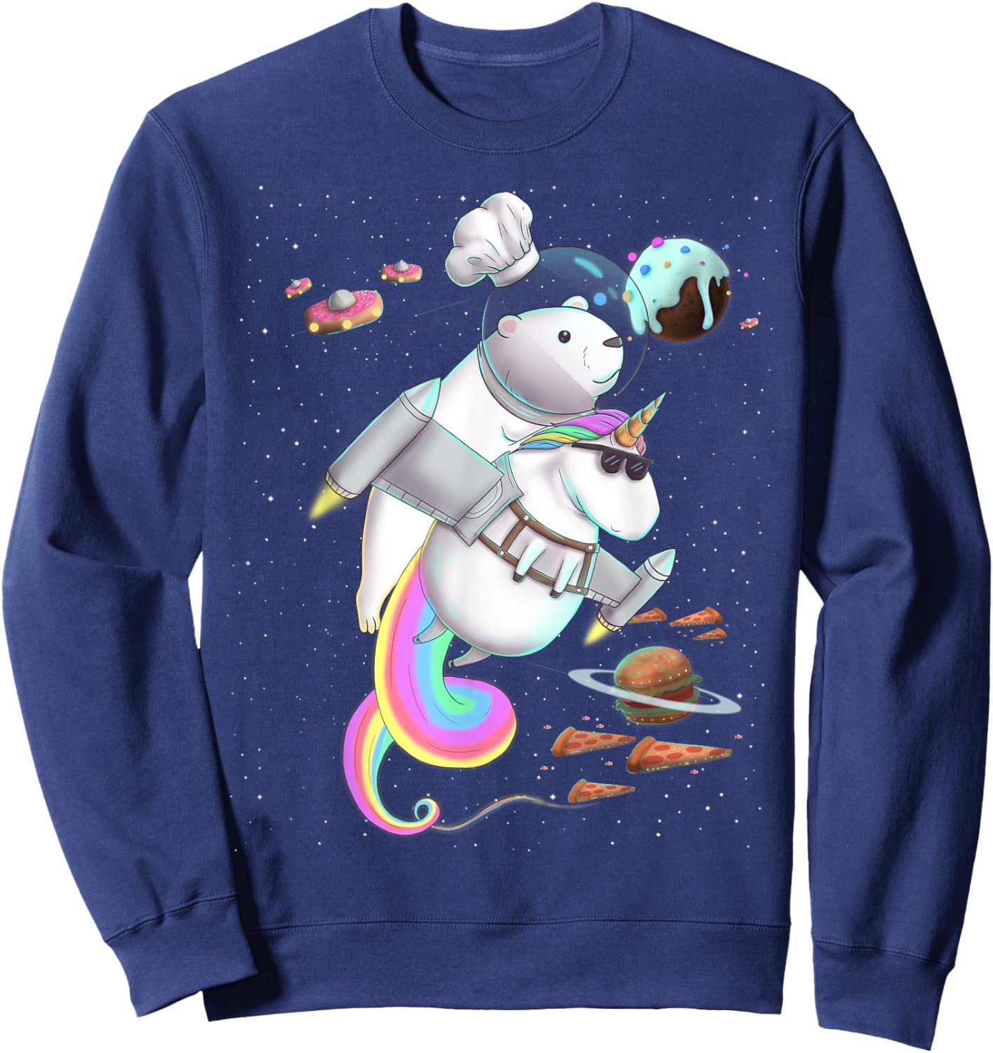 Polar Bear Riding Unicorn Food Pizza Space Party Planet Sweatshirt - Sweatshirt | Navy