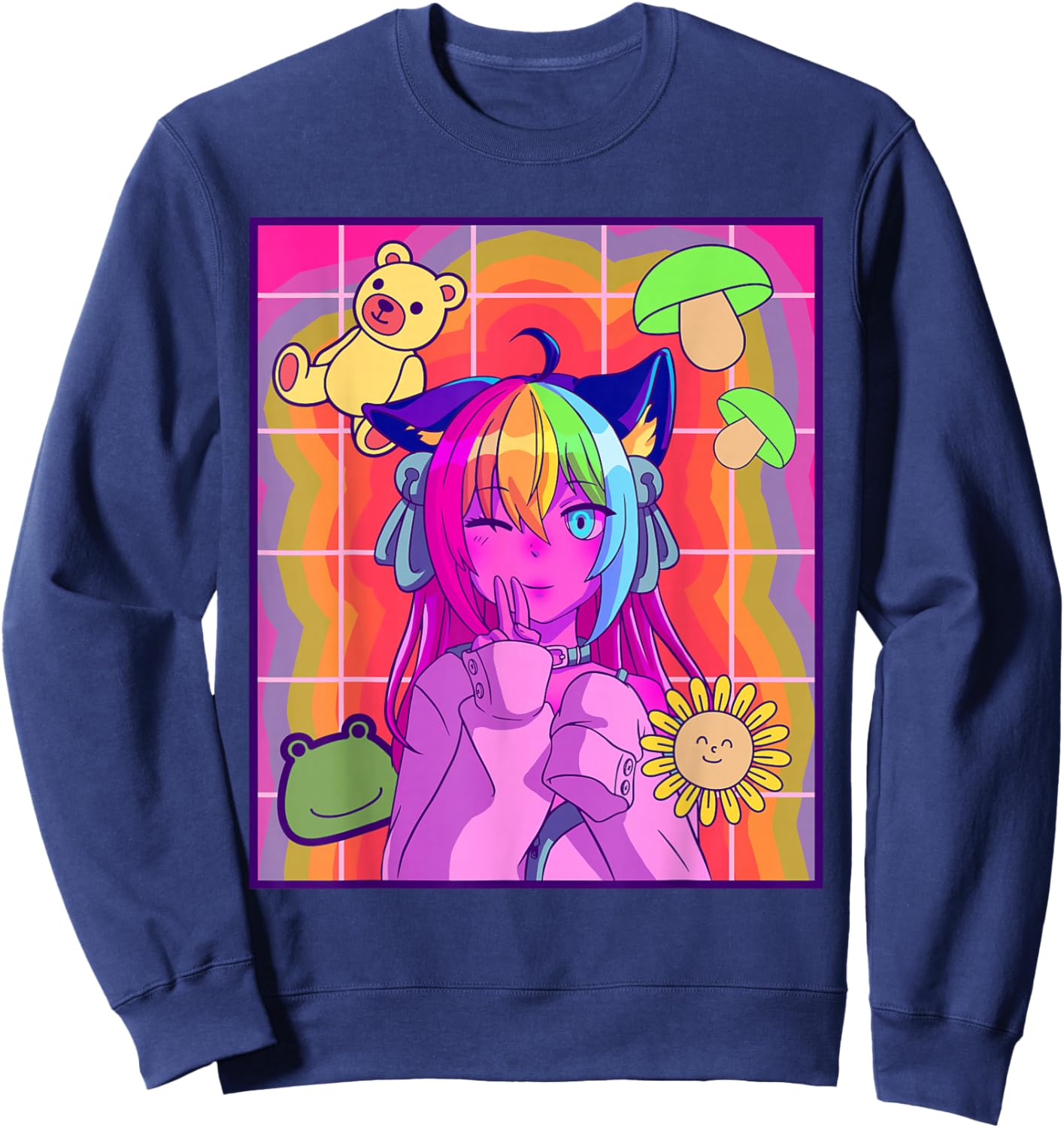 Kidcore Aesthetic Kawaii Anime Girl Old Indie 80s 90s Retro Sweatshirt - Sweatshirt | Navy