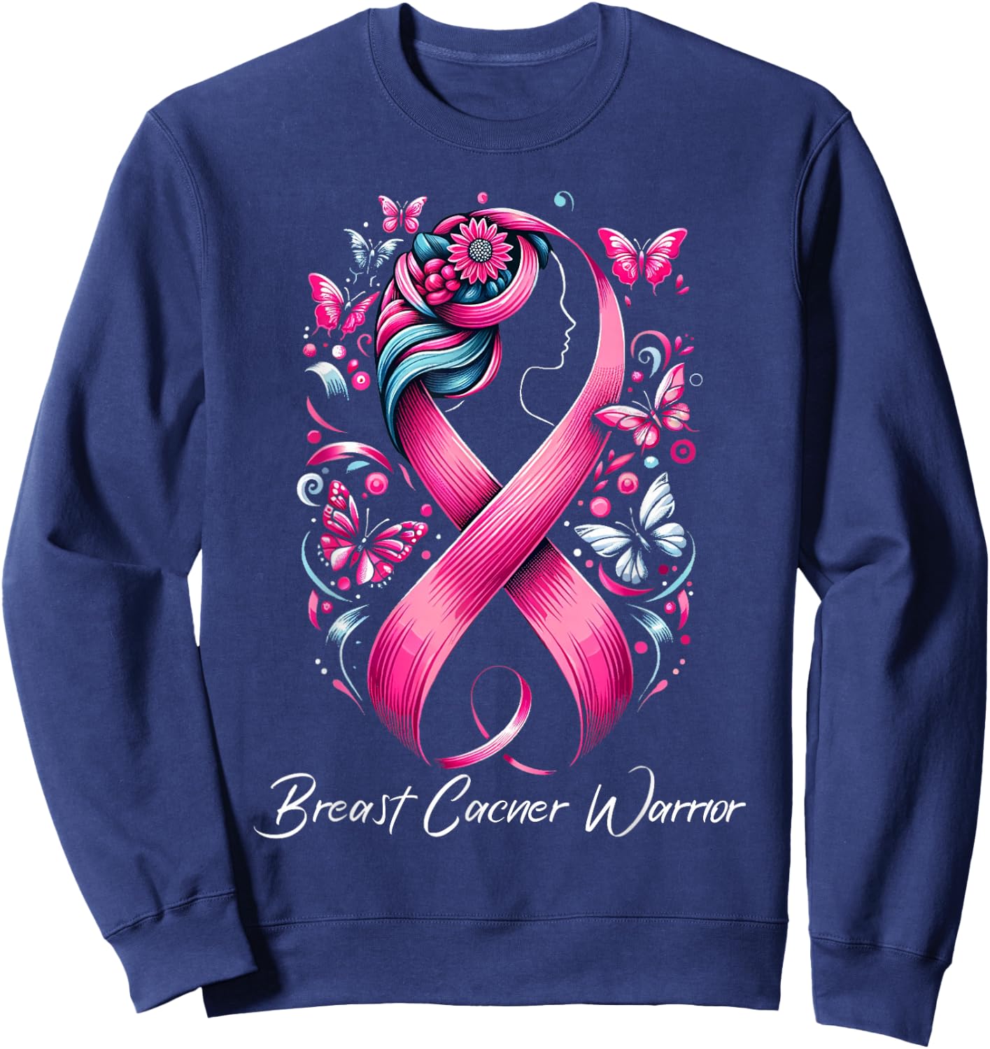 Faith Hope Love Ribbon Breast Cancer Awareness Warrior Pink Sweatshirt - Sweatshirt | Navy