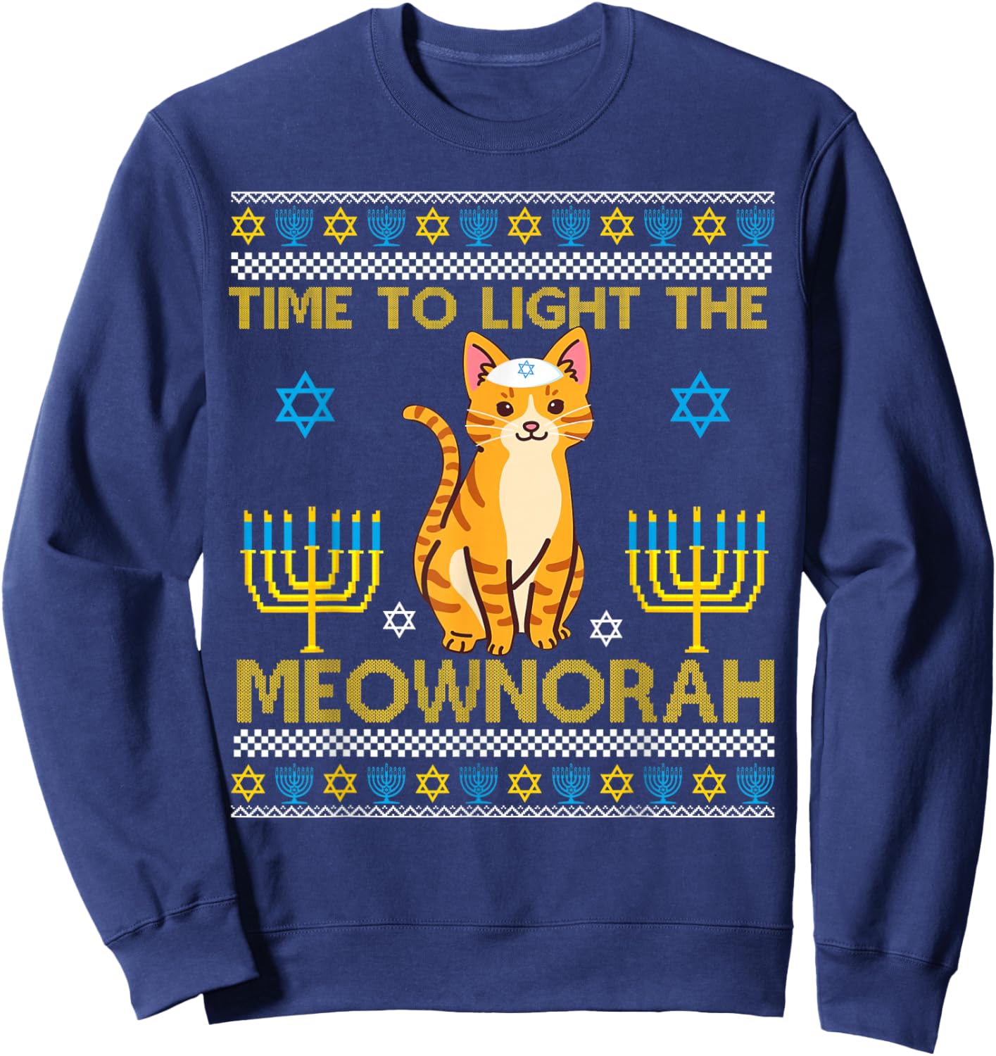 Light The Meownorah Jewish Cat Menorah Lover Ugly Chanukah Sweatshirt - Sweatshirt | Navy