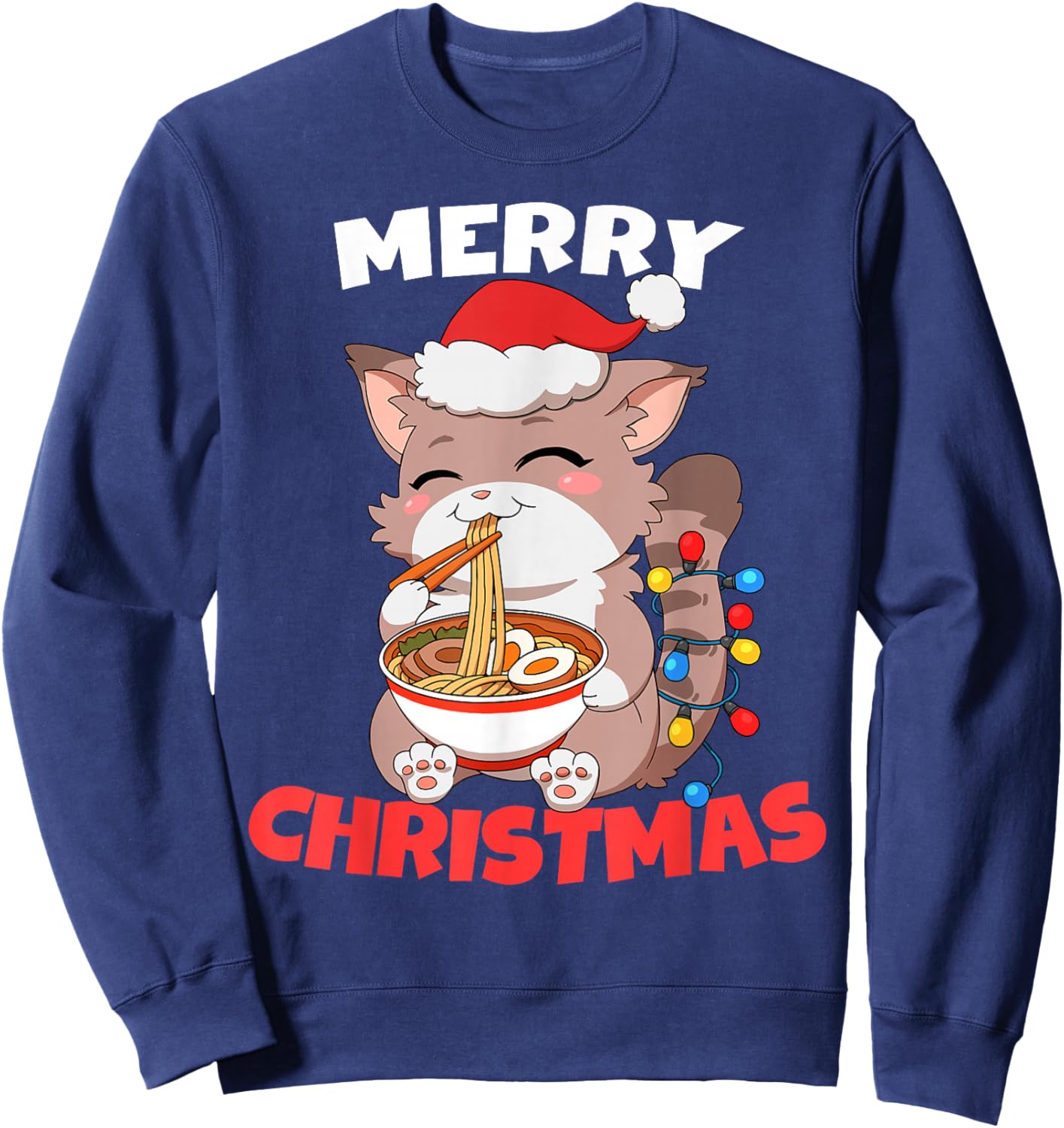 Merry Christmas Anime Kawaii Cat Ramen Xmas Lights Sweatshirt - Sweatshirt | Navy