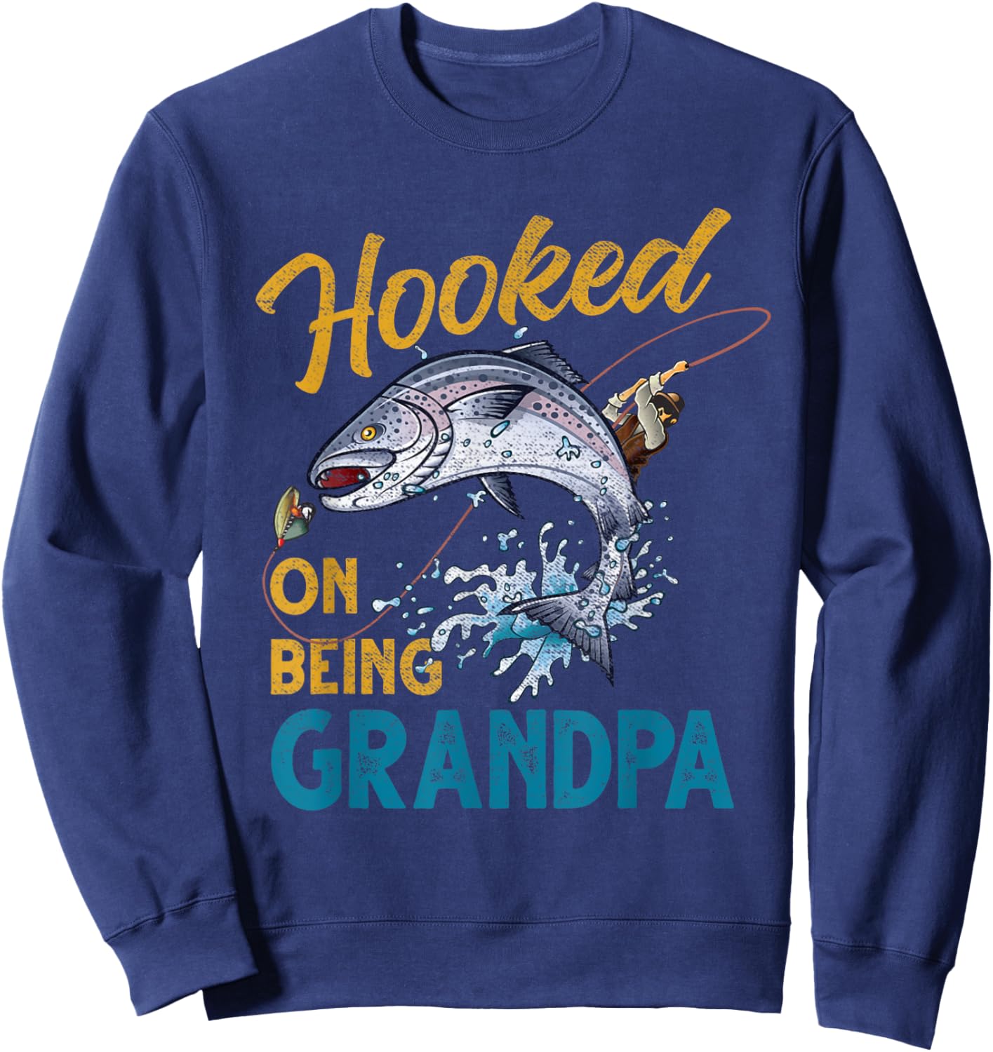 Vintage Hooked On Being Grandpa Funny Fishing Fathers Day Sweatshirt - Sweatshirt | Navy