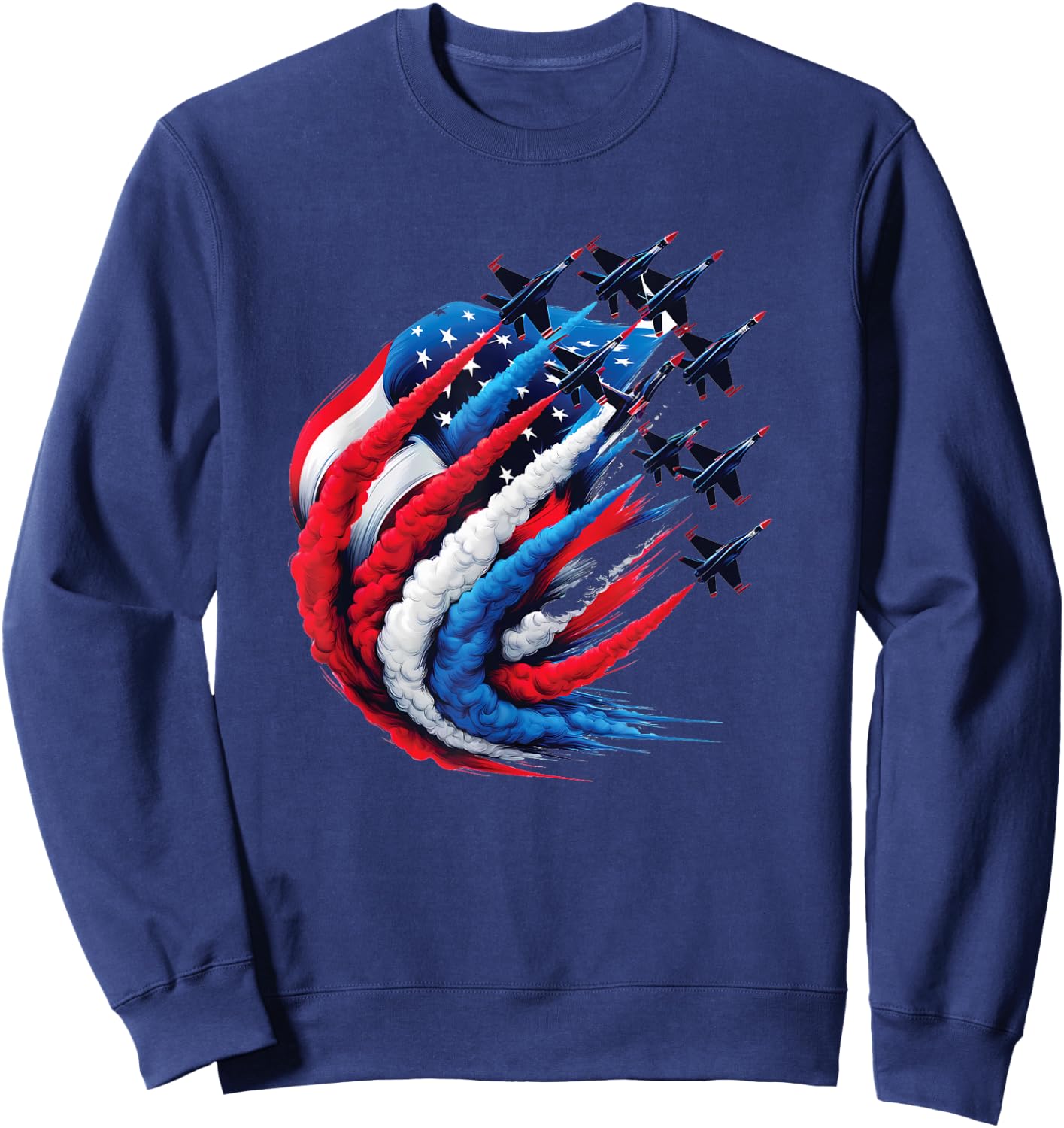 Fighter Jets Patriotic Red White Blue Smoke USA Flag Sweatshirt - Sweatshirt | Navy