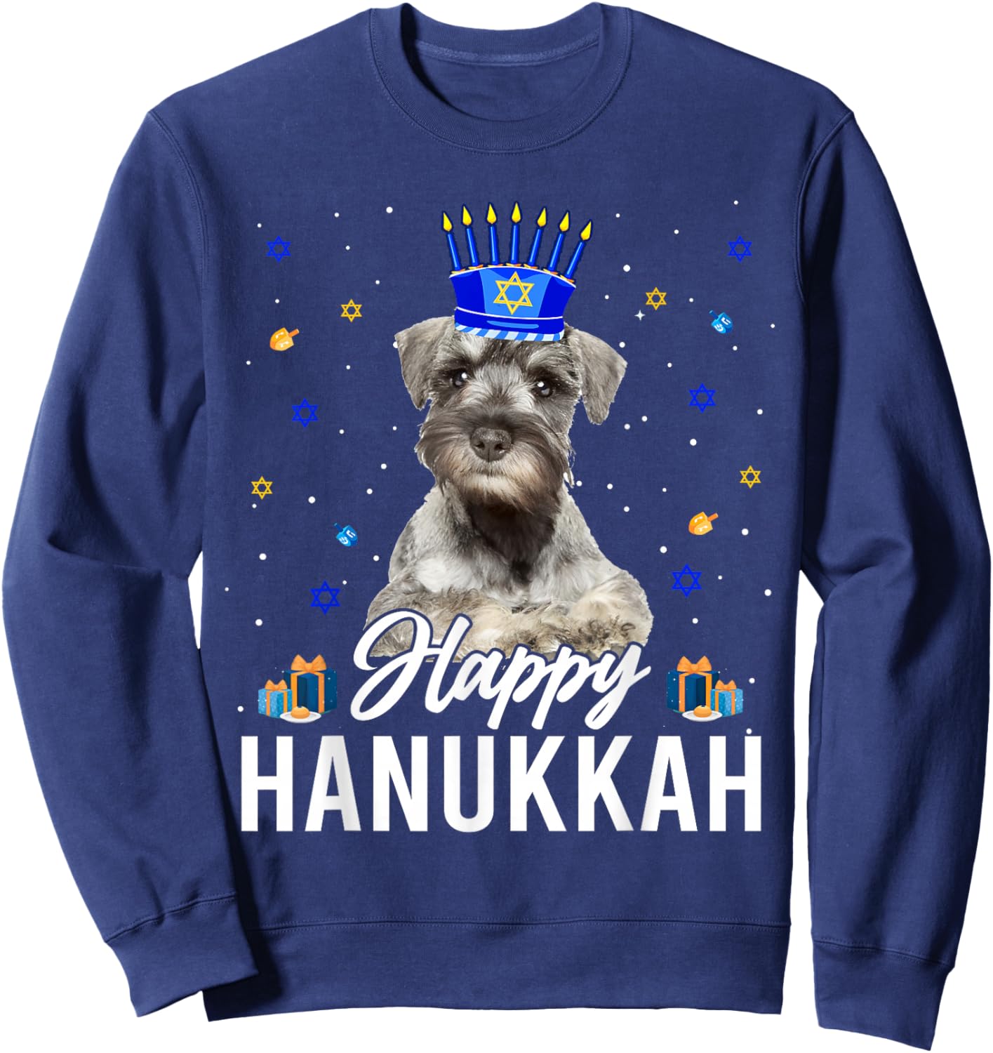 Happy Hanukkah Miniature Schnauzer Menorah Hat Jewish Xmas Sweatshirt - Sweatshirt | Navy