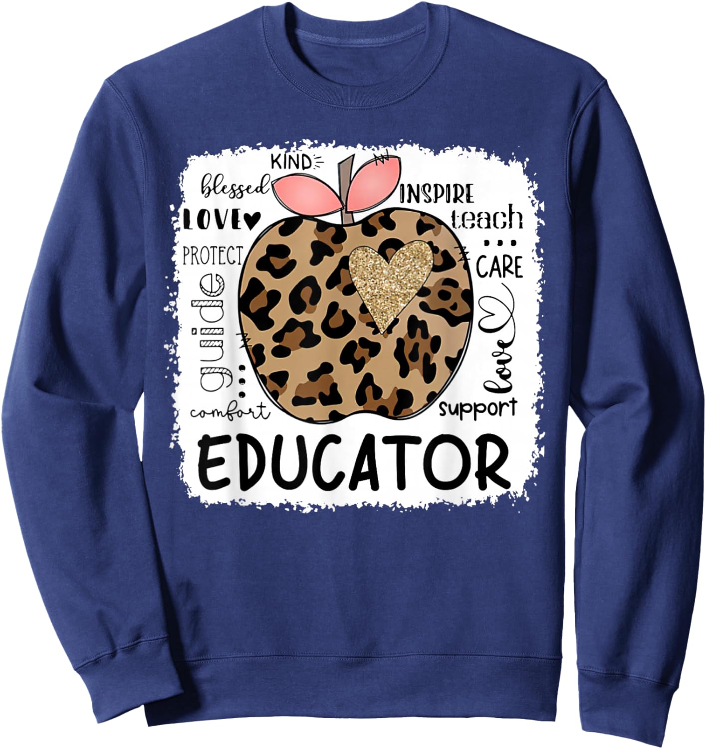 Educator Kind Blessed Teach Inspire Love Leopard Apple Sweatshirt - Sweatshirt | Navy