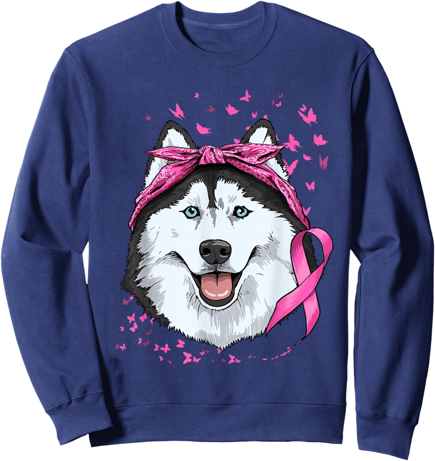 Siberian Husky Pink Ribbon Breast Cancer Awareness Survivor Sweatshirt - Sweatshirt | Navy