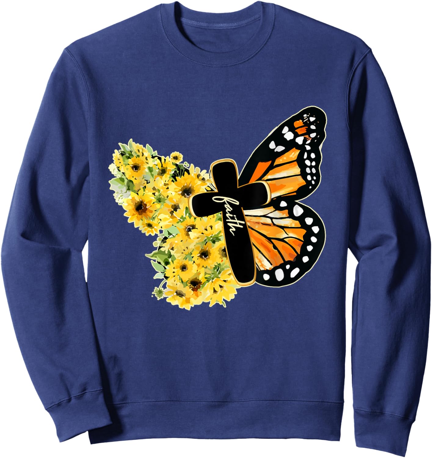 Faith Cross Sunflower Butterfly Christian Vintage Sweatshirt - Sweatshirt | Navy