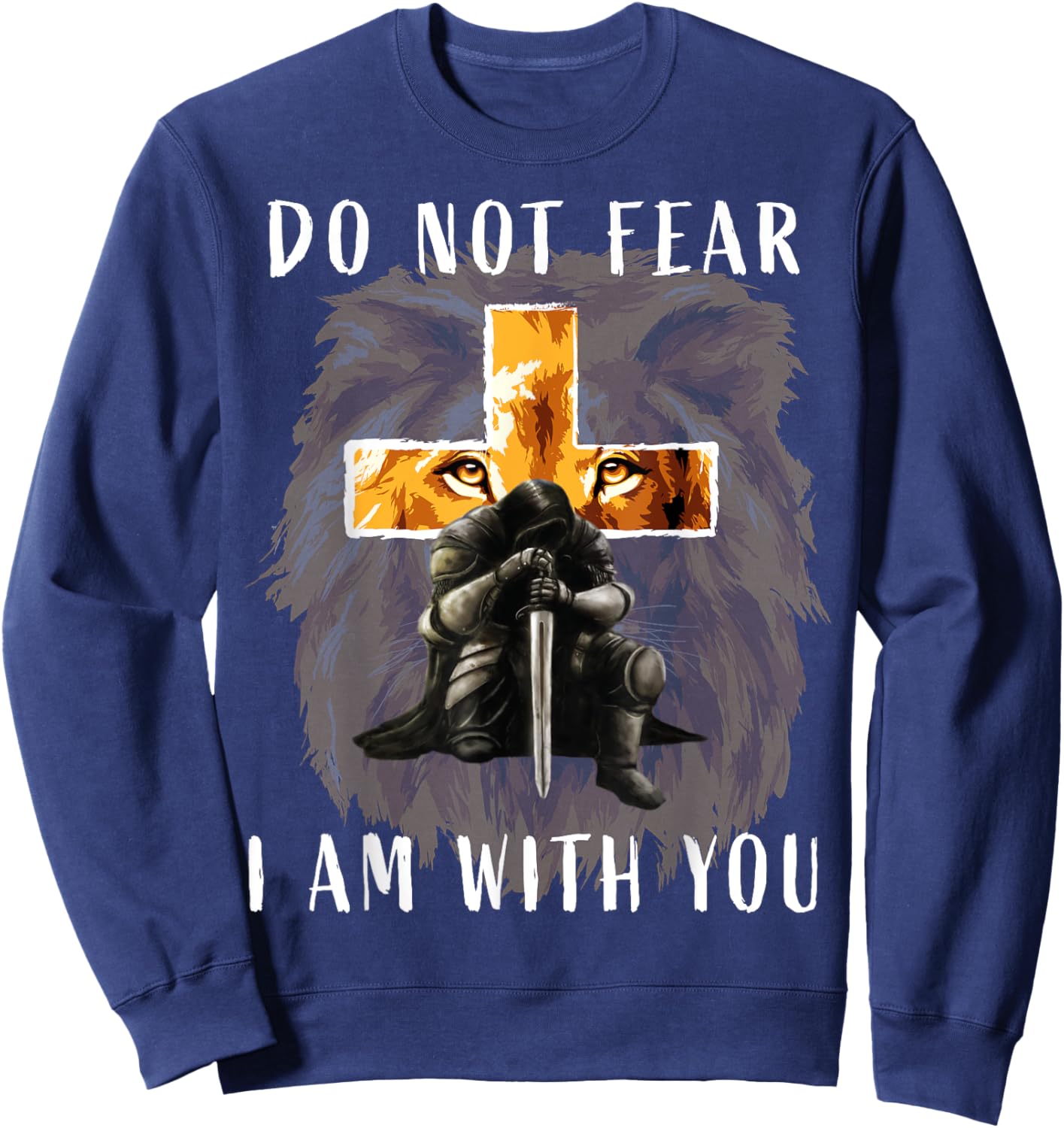 Christian Bible Verse Shirt Men Dad Lion Faith Fear Graphic Sweatshirt - Sweatshirt | Navy