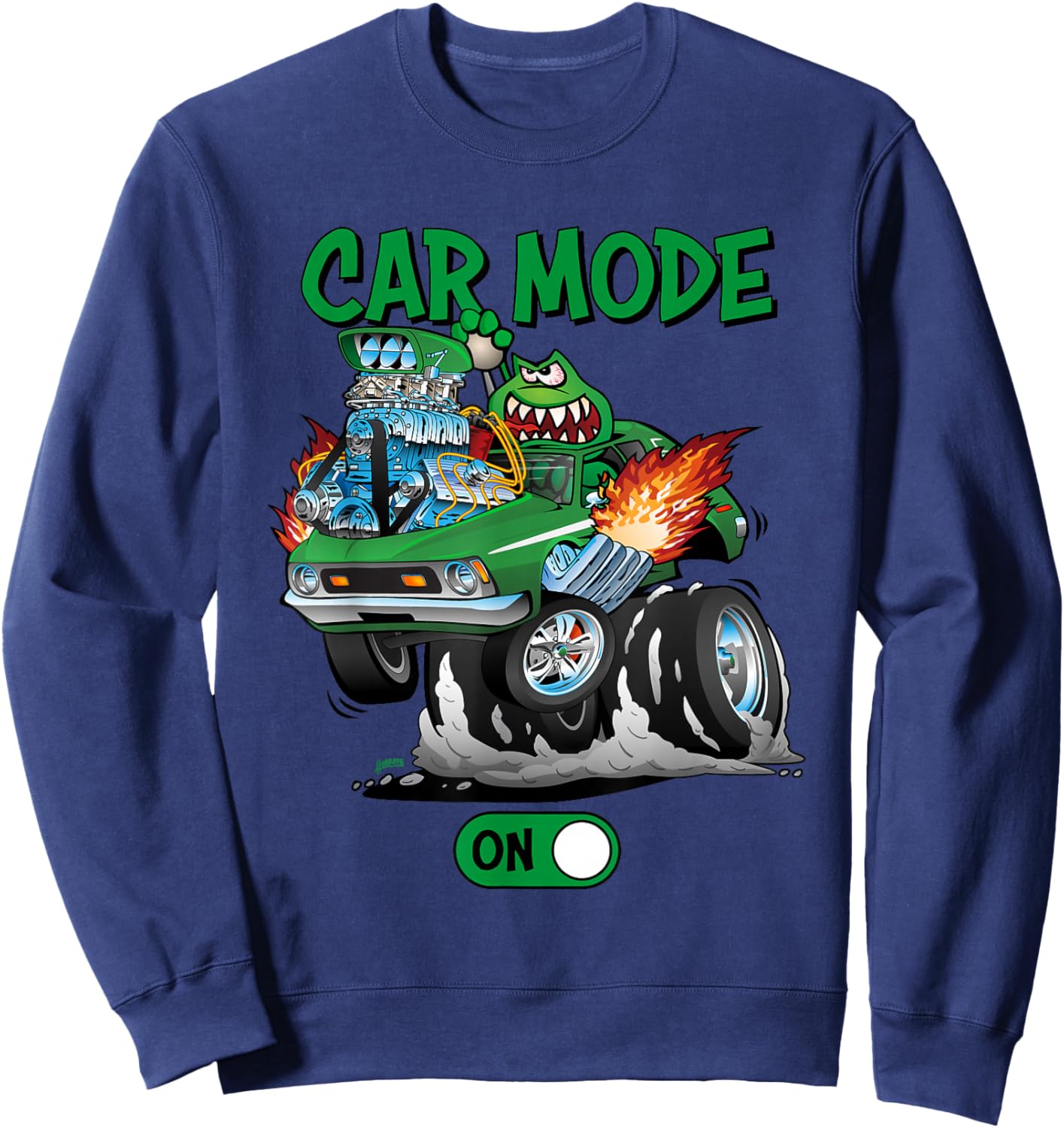 Car Mode On Funny Seventies Classic Car Dragster Cartoon Sweatshirt - Sweatshirt | Navy