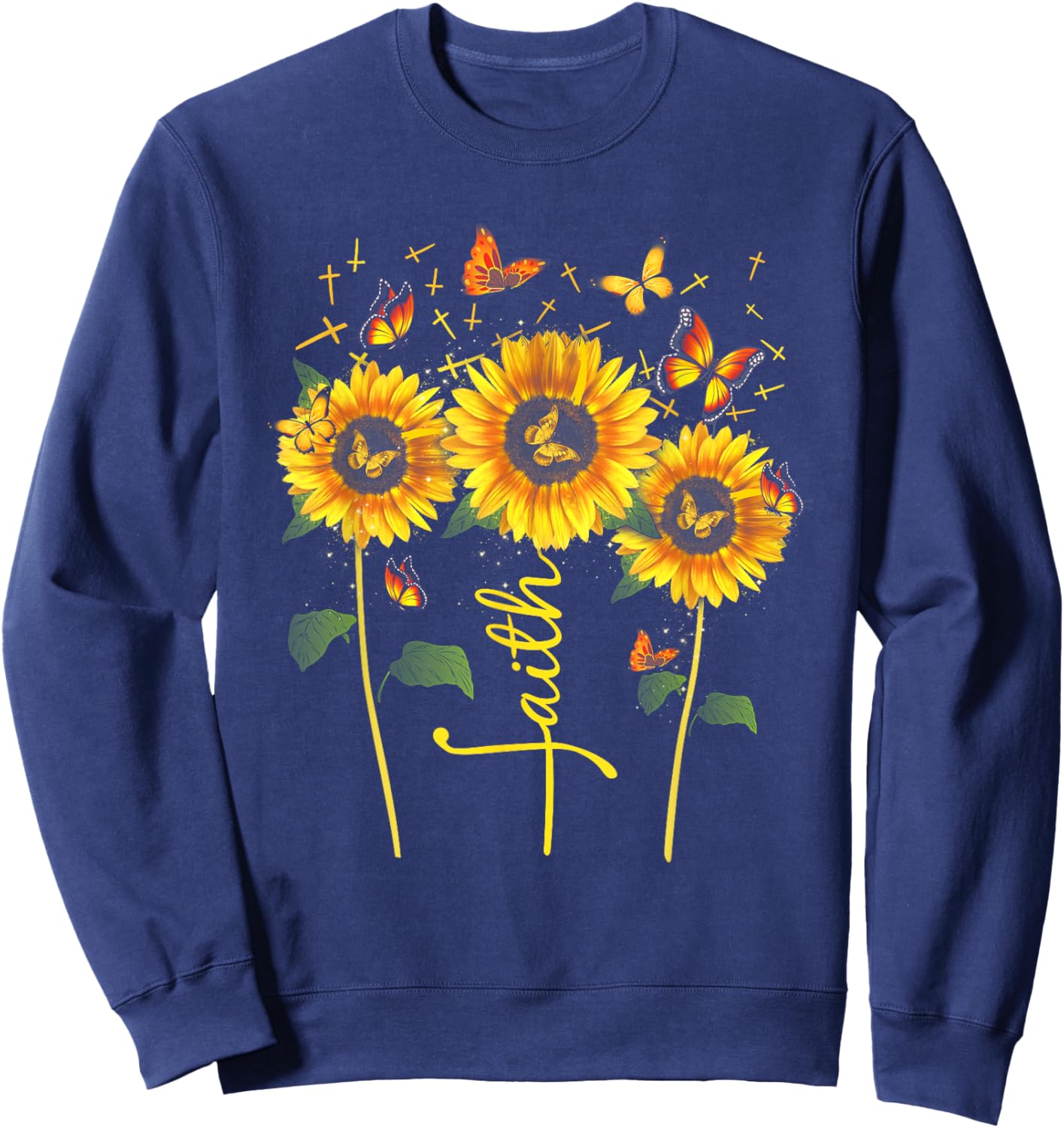 Vintage Faith Cross Sunflower Butterflies Flowers Christians Sweatshirt - Sweatshirt | Navy