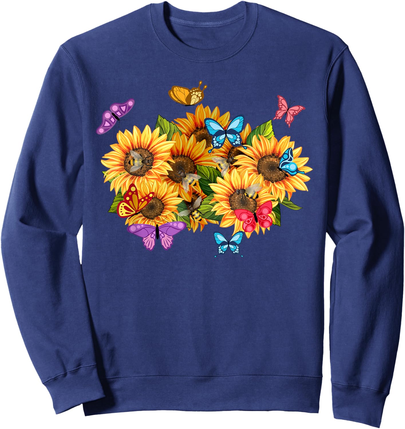 Sunflower Butterfly Summer Bees Florist Floral Sweatshirt - Sweatshirt | Navy