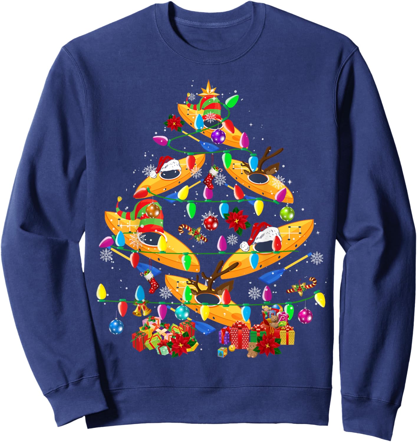 Kayak Boat Christmas Tree Funny Light Santa Kayak Boat Sweatshirt - Sweatshirt | Navy