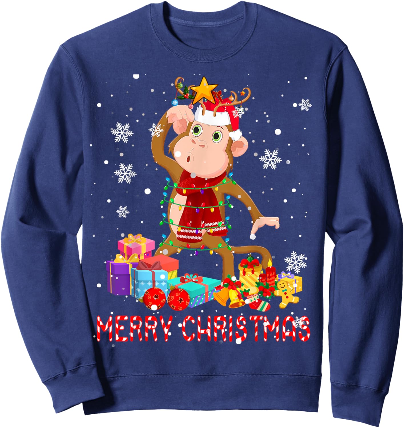 Merry Christmas Cute Christmas Lights Santa Reindeer Monkey Sweatshirt - Sweatshirt | Navy