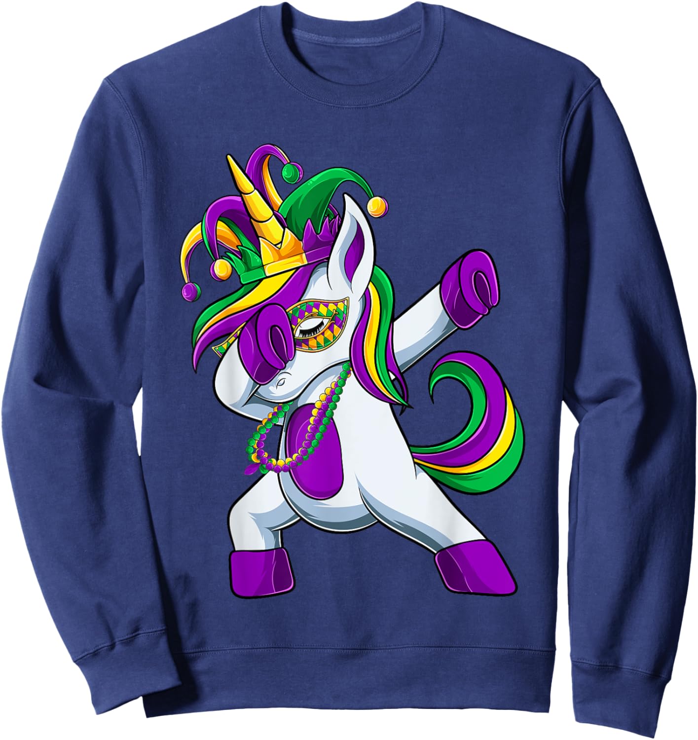 Dabbing Jester Unicorn Mardi Gras Shirt, Kids Girls Sweatshirt - Sweatshirt | Navy