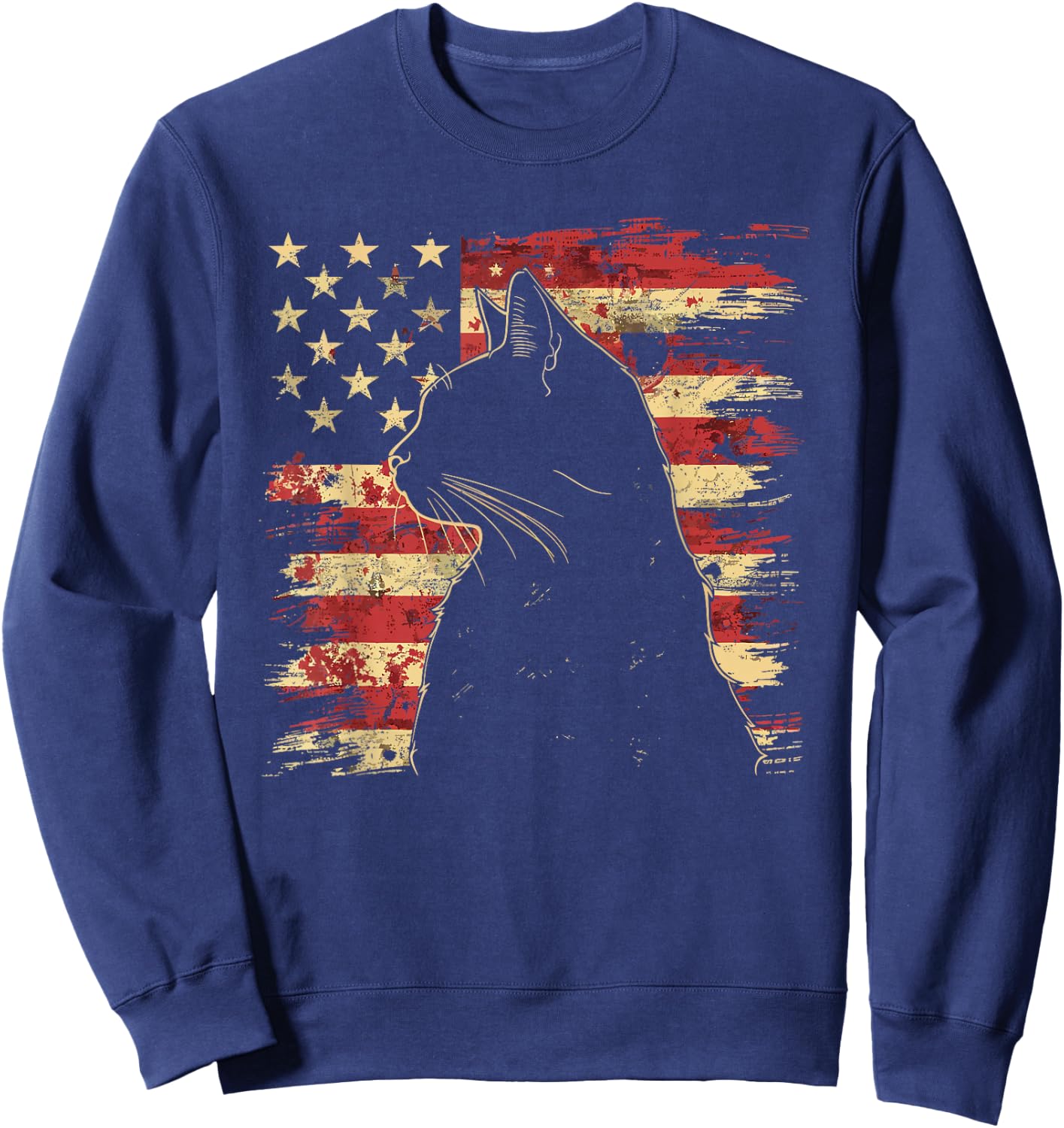 4th of July DESIGNS -Adult Vintage Patriotic Cat Silhouette Graphic , Black, Small, Short Sleeve Sweatshirt - Sweatshirt | Navy