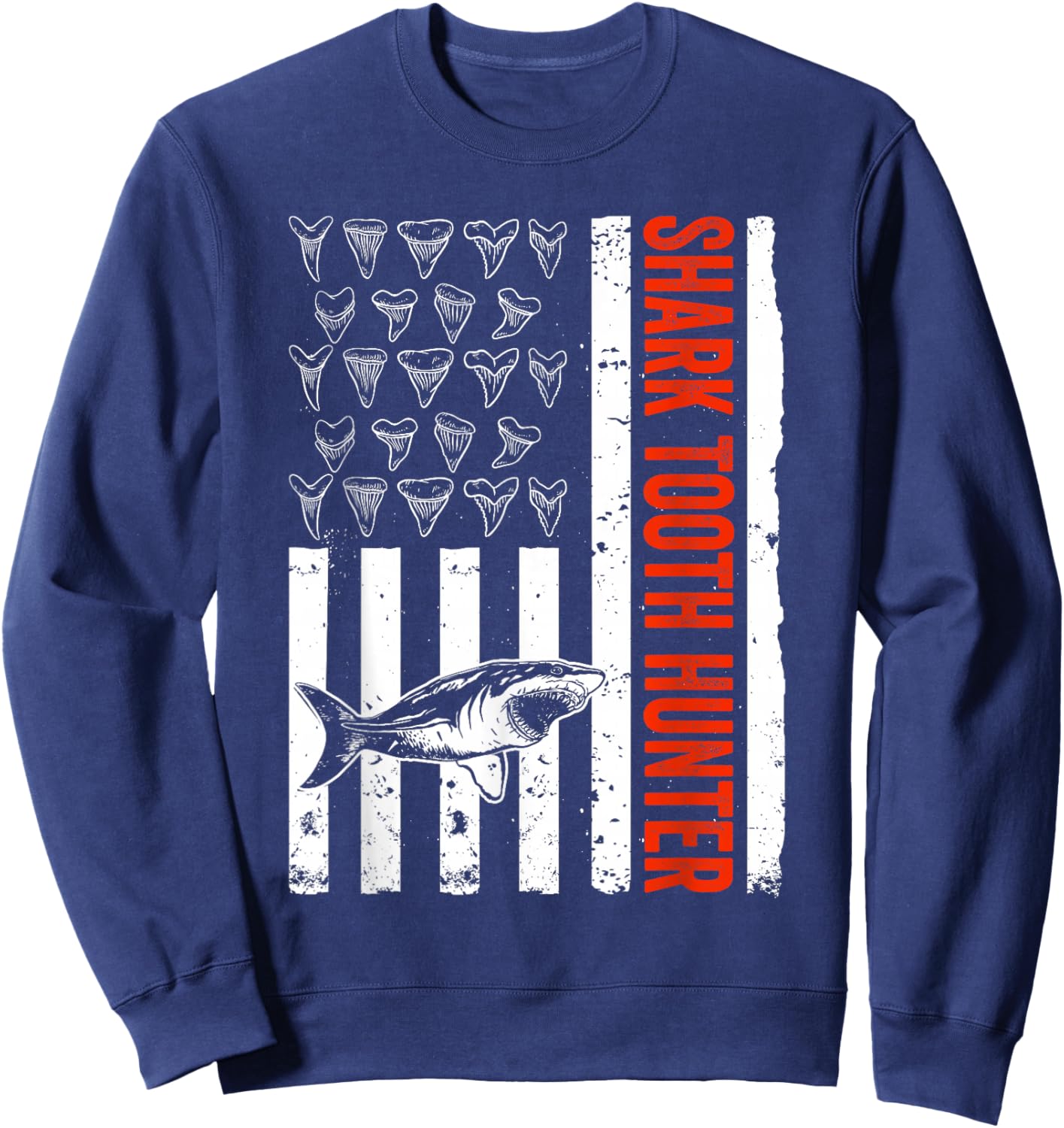 Shark Teeth Collecting US Flag Shark Tooth Hunter Sweatshirt - Sweatshirt | Navy