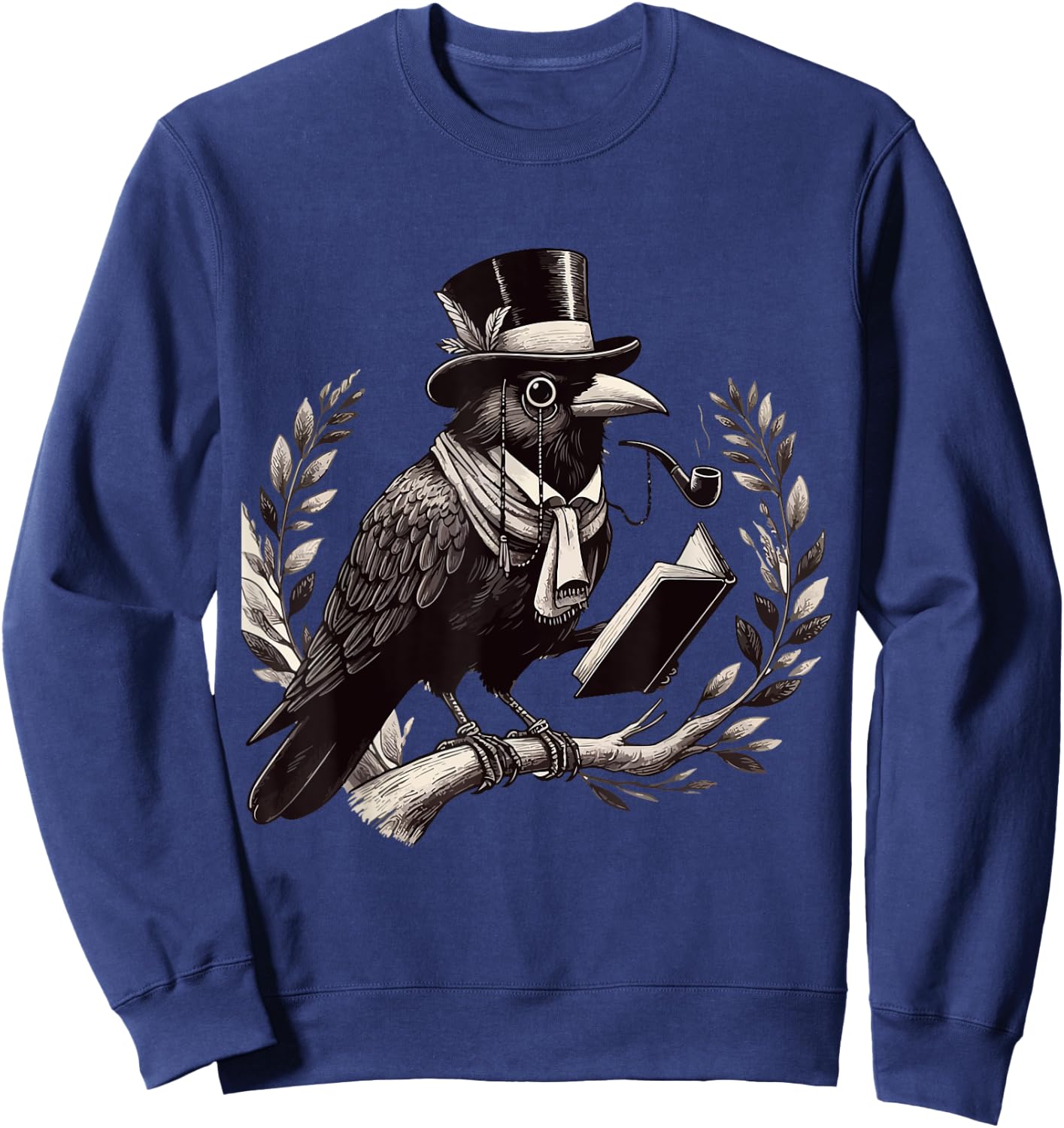 Black Crow Top Hat Smoking Cigar Reading Graphic Art Sweatshirt - Sweatshirt | Navy