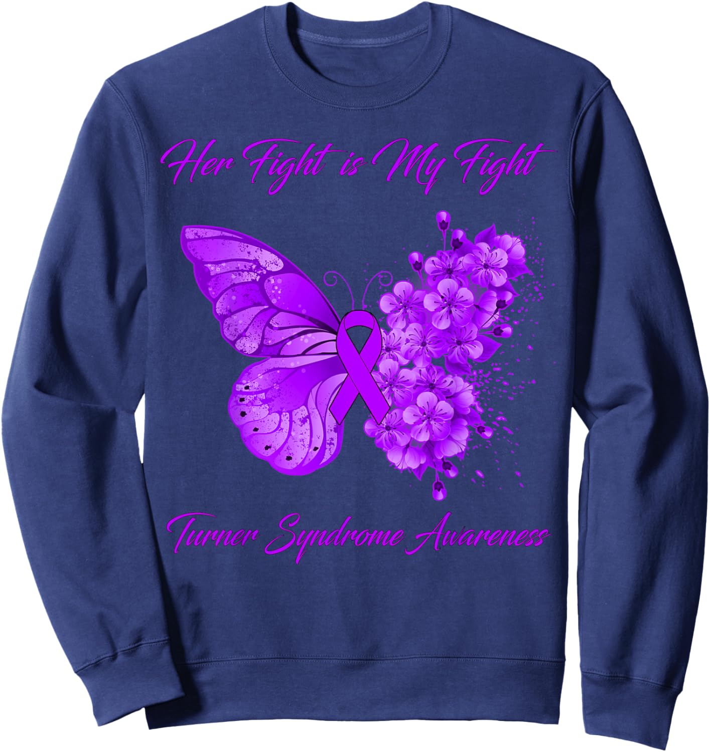 Turner Syndrome Awareness Butterfly Her Fight is My Fight - Black, , Short Sleeve, Classic Fit, Small Sweatshirt - Sweatshirt | Navy