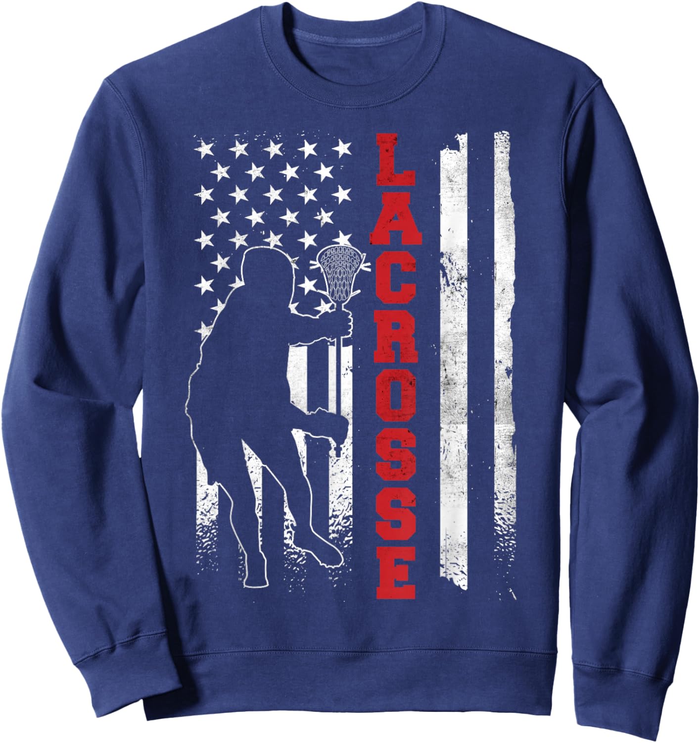 Vintage Gift Lacrosse American Flag LAX - -Adults, Kids - Black - Small - Short Sleeve - Cotton, Polyester Sweatshirt - Sweatshirt | Navy