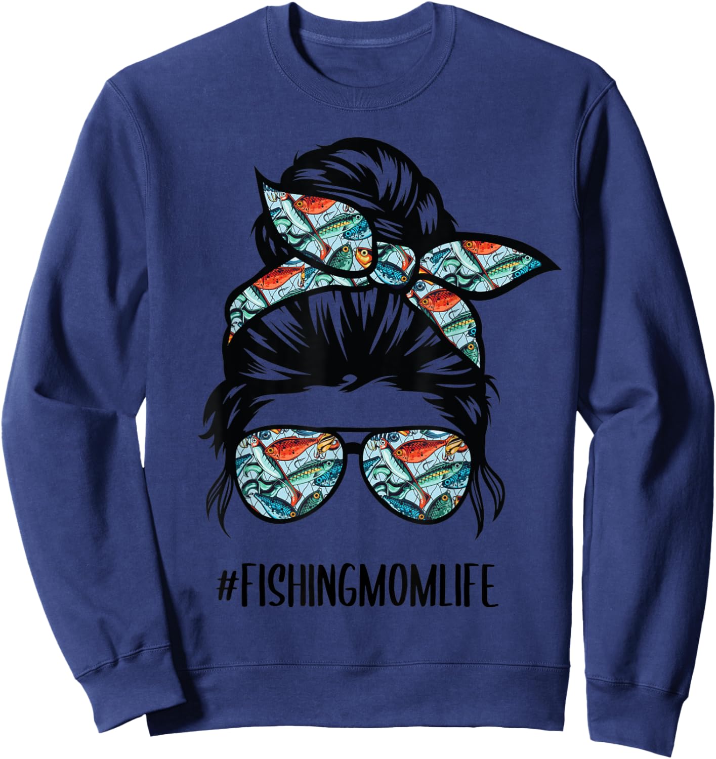 Fishing mom life Messy Bun Mom Funny Fishing Mom Sweatshirt - Sweatshirt | Navy