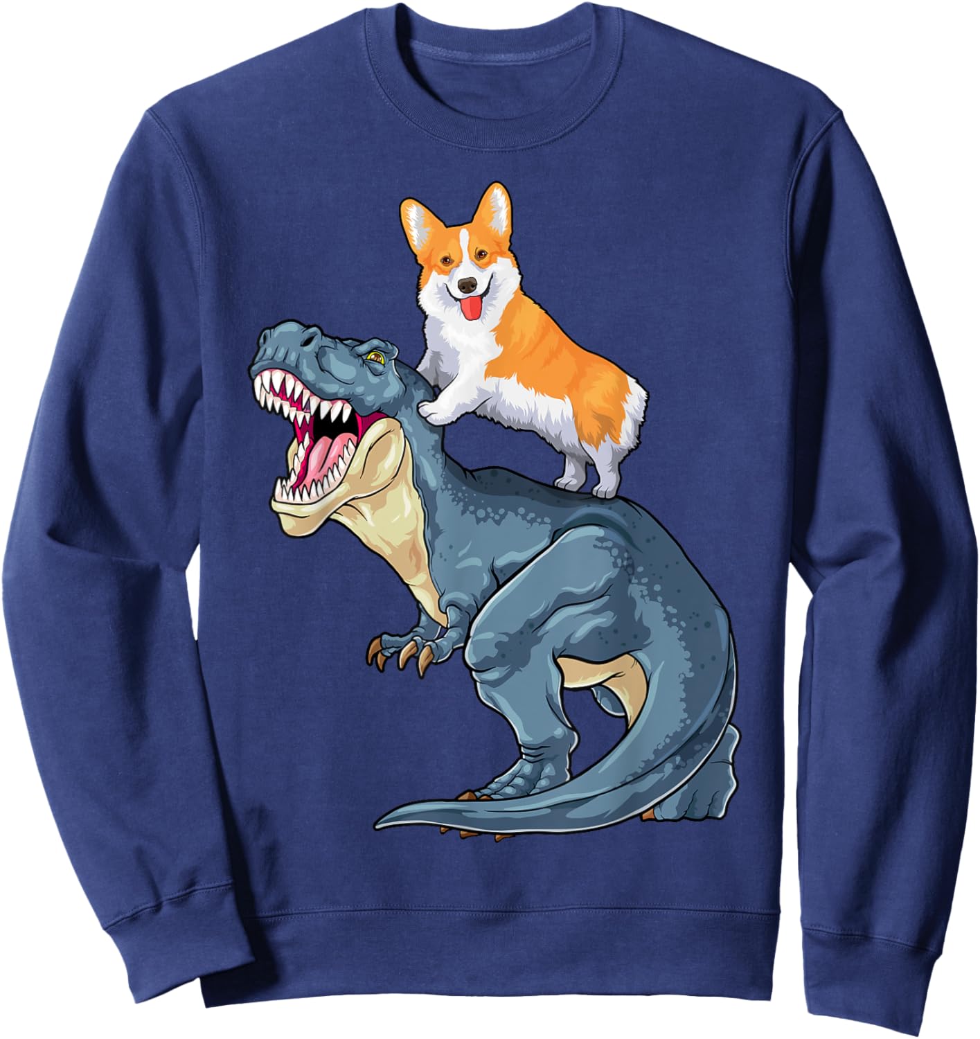 Corgi Riding Dinosaur T Rex Dog Funny Corgi Space Kids Boys Sweatshirt - Sweatshirt | Navy