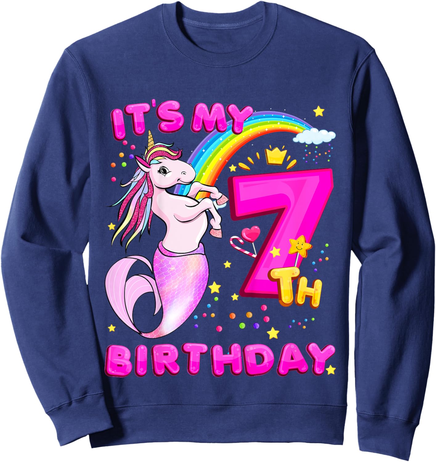 7th Birthday Unicorn Mermaid Girls 7 Years Old Mermicorn Sweatshirt - Sweatshirt | Navy