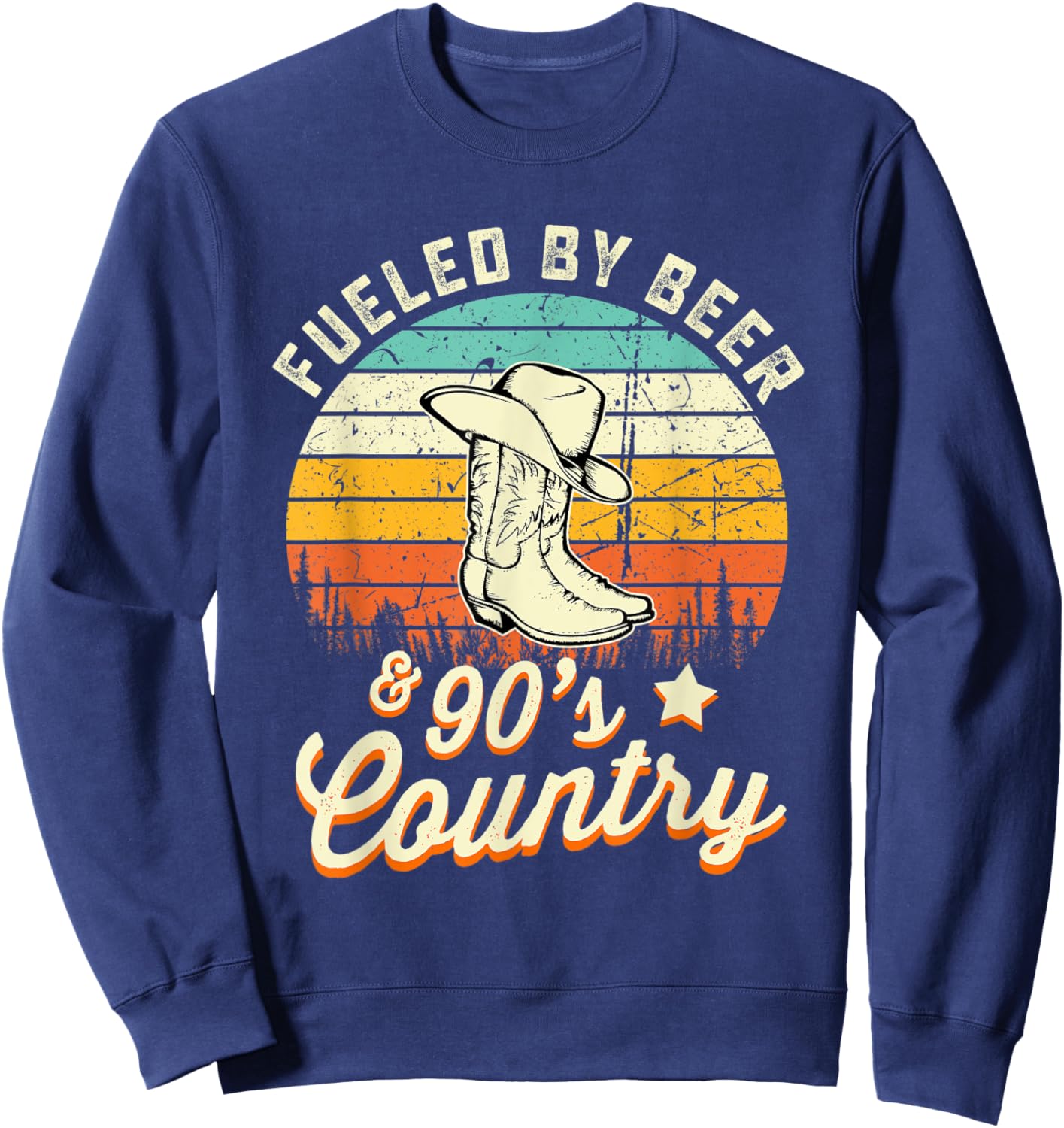 Fueled By Beer and 90s Country Funny Vintage Sunset Sweatshirt - Sweatshirt | Navy