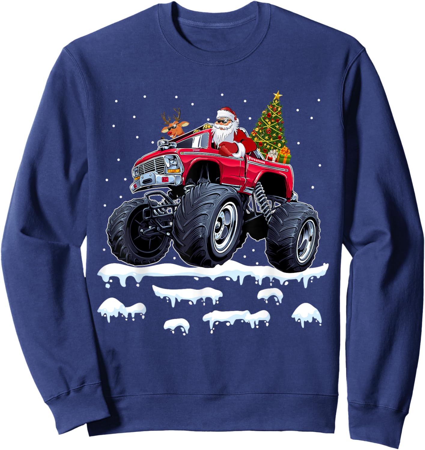 Reindeer Santa Riding Monster Truck Christmas Tree Men Boy Sweatshirt - Sweatshirt | Navy