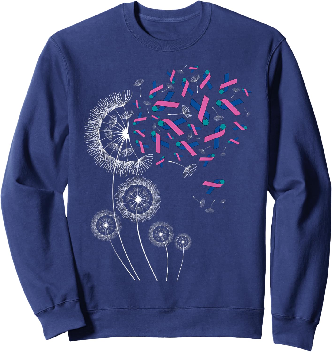 Teal Pink Blue Ribbon & Dandelion Thyroid Cancer Awareness Sweatshirt - Sweatshirt | Navy