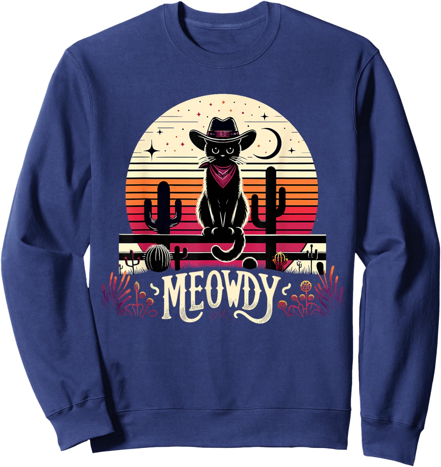 Cat Cowboy Meowdy Cat Mushup Western Country Retro Sunset Sweatshirt - Sweatshirt | Navy