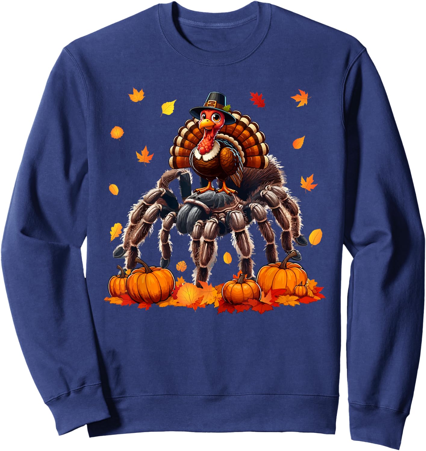 Turkey Riding Tarantula Thanksgiving Fall Leaves Pumpkins Sweatshirt - Sweatshirt | Navy