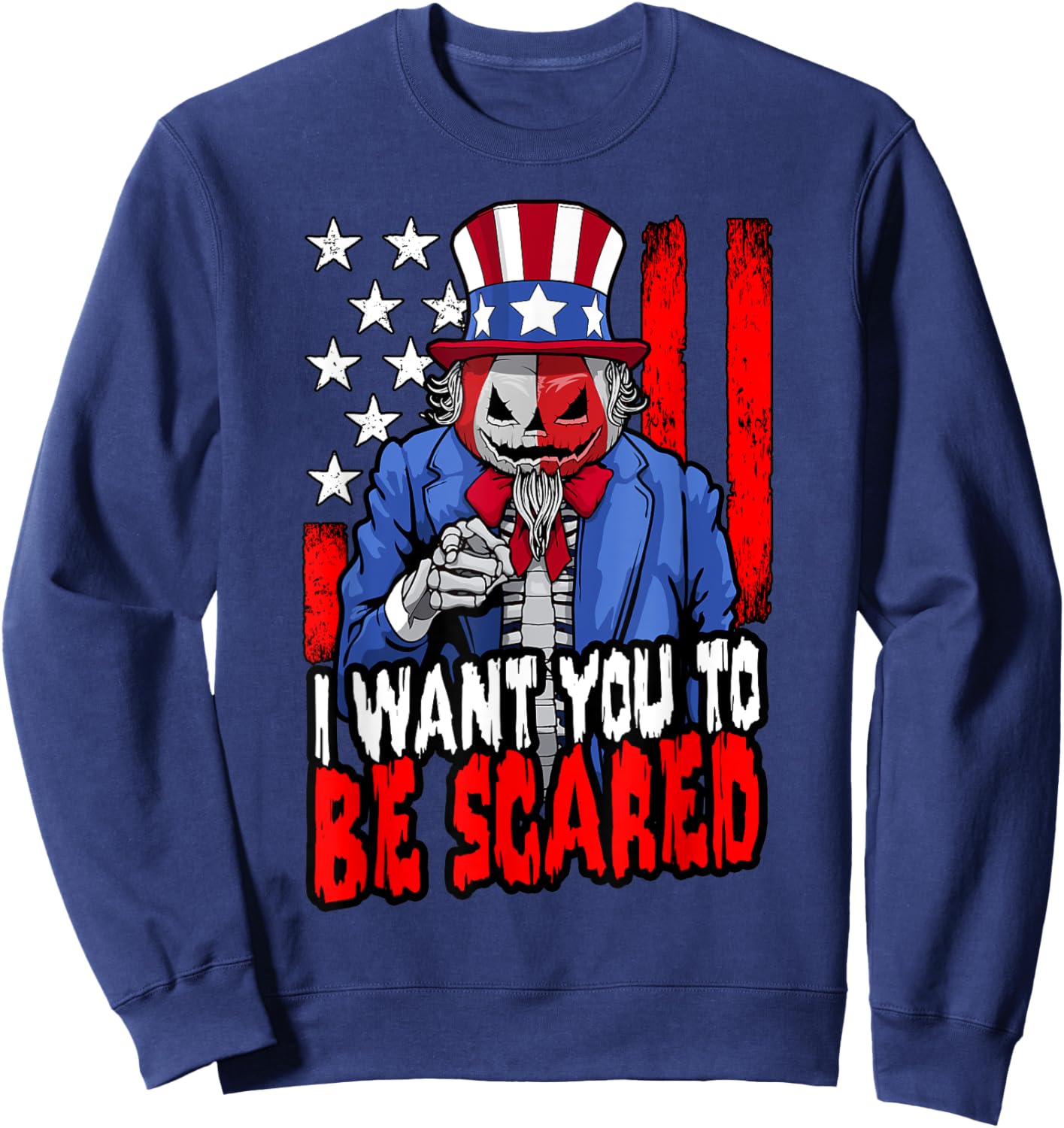 Patriotic Halloween Zombie Uncle Sam Pumpkin Scared USA Flag Sweatshirt - Sweatshirt | Navy