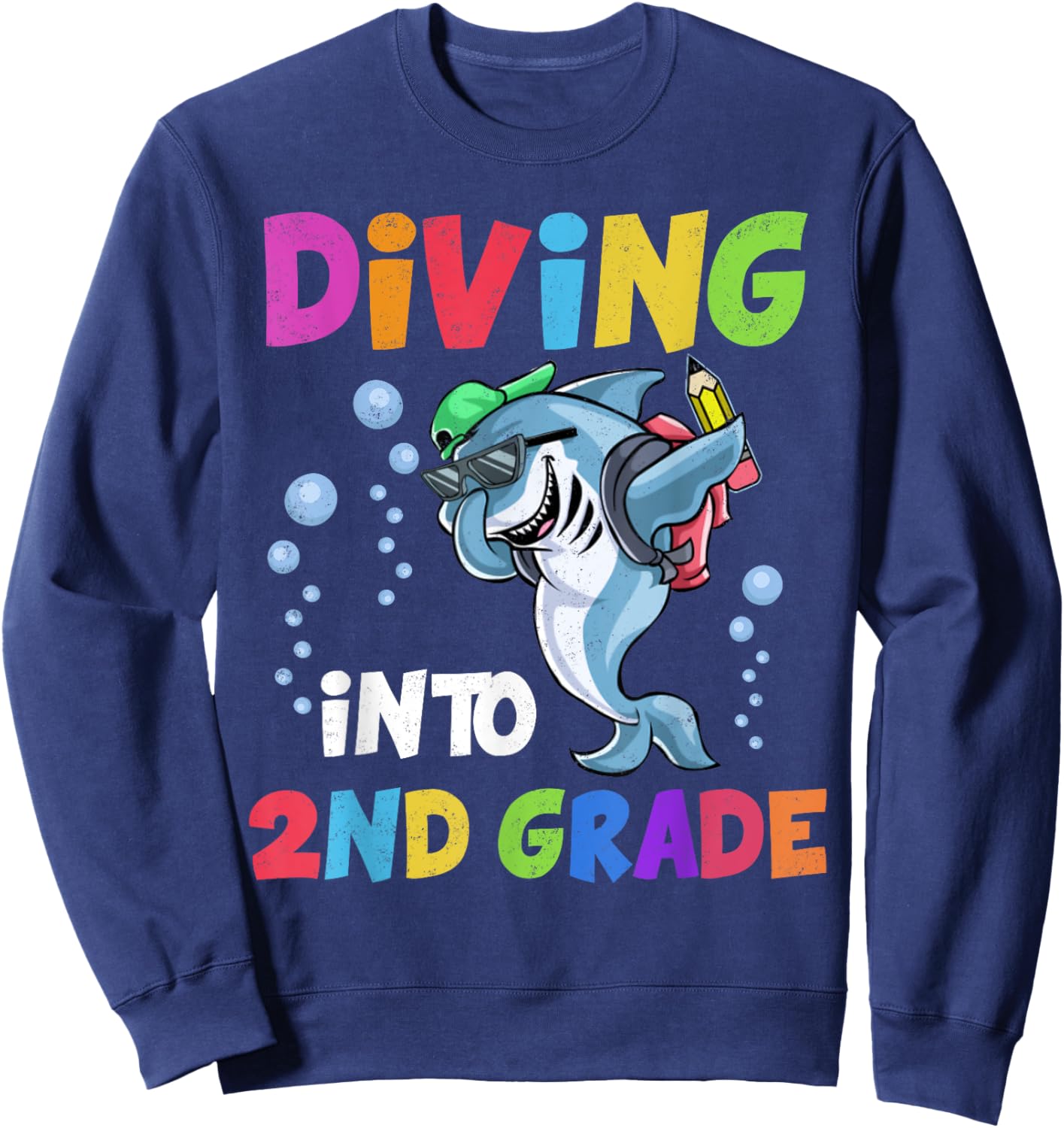 Shark Diving Into 2nd Grade Student Back To School Teacher Women Girls Kids Sweatshirt - Sweatshirt | Navy